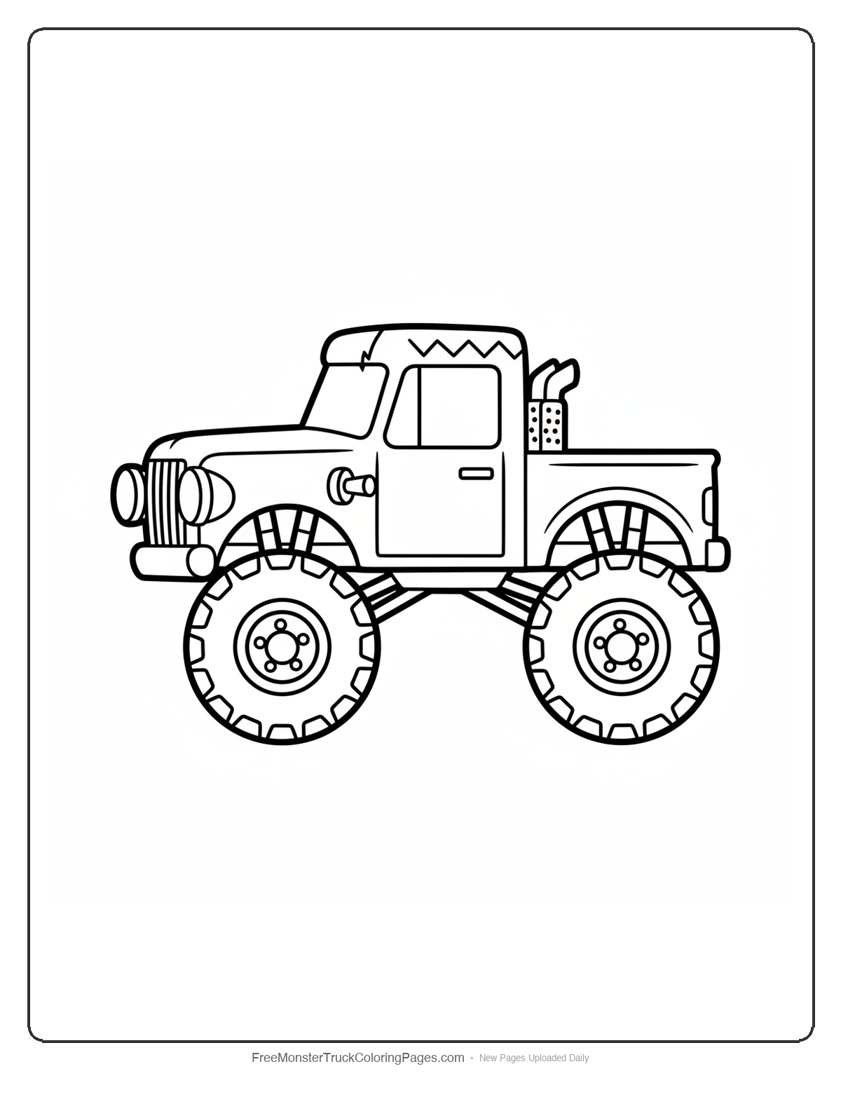 Black and white coloring page of a simple monster truck with a flat-top squared cab like Frankenstein's head and large bolts on each fender