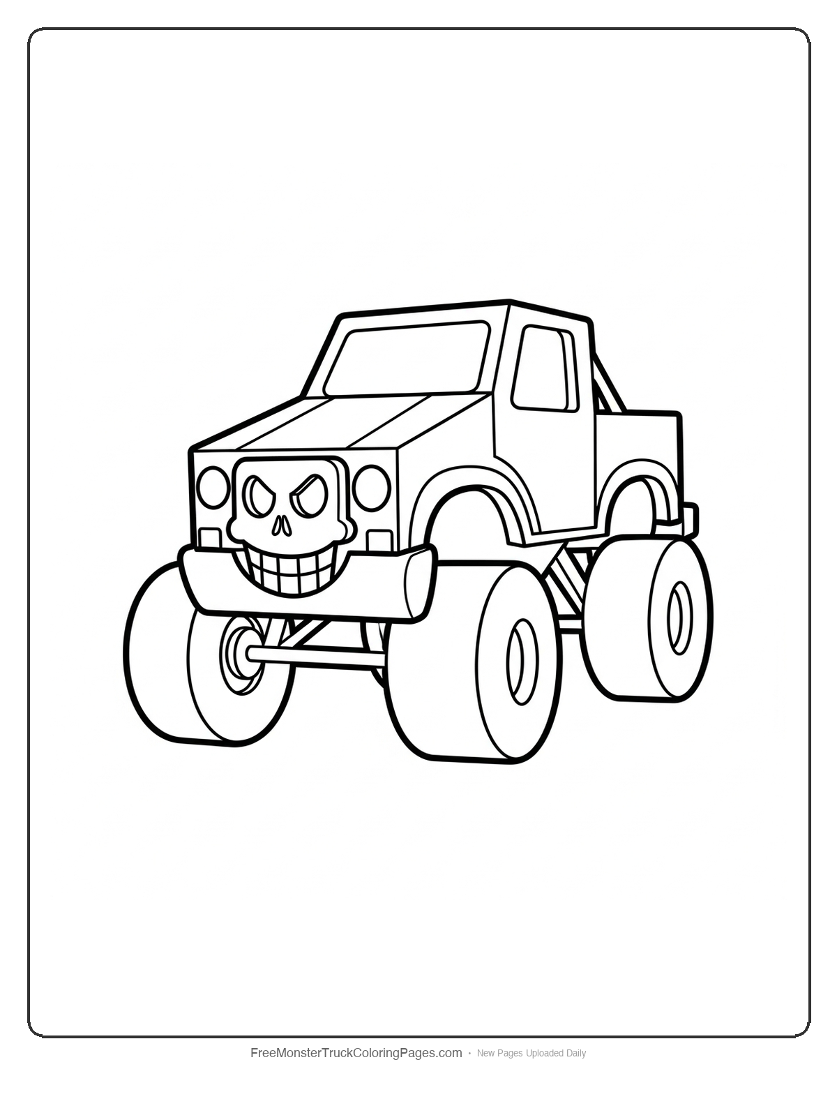 Black and white coloring page of a simple monster truck with a friendly smiling skull face design