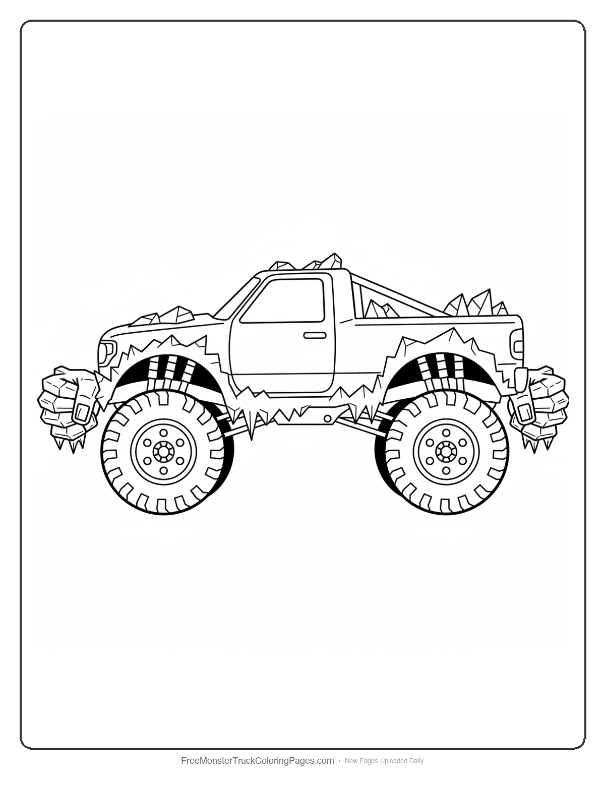 Black and white coloring page of a monster truck with two giant yeti fists covered in ice crystal shapes as the front bumper