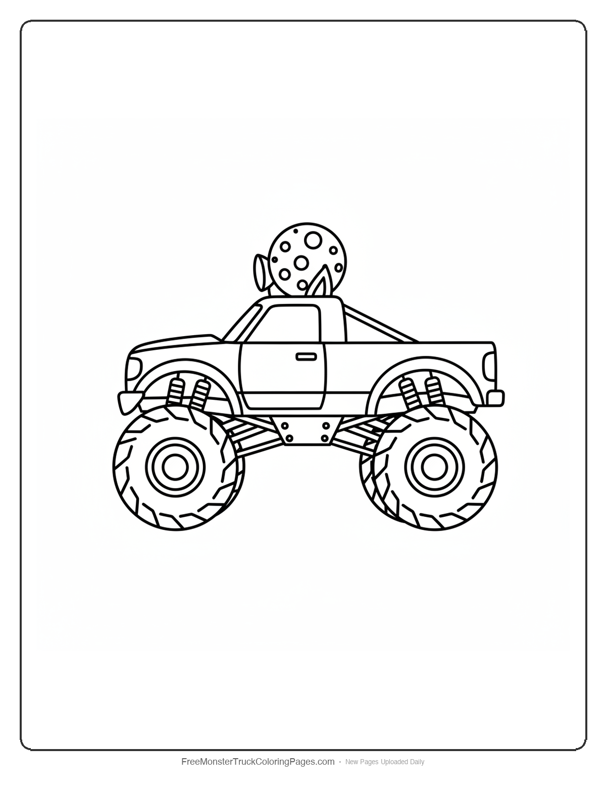 Black and white coloring page of a monster truck with a full moon shaped roof spotlight and werewolf ears on the cab