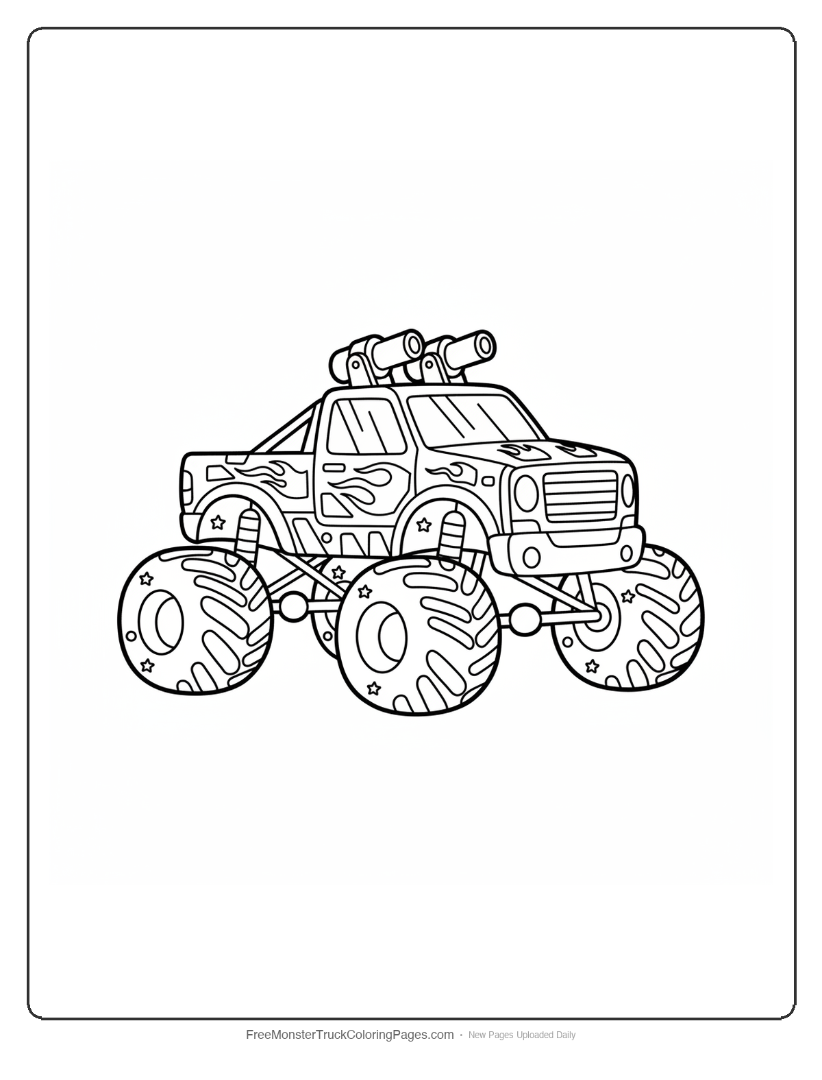 Black and white coloring page of a monster truck with laser cannons, cosmic armor plating, and space battle accessories