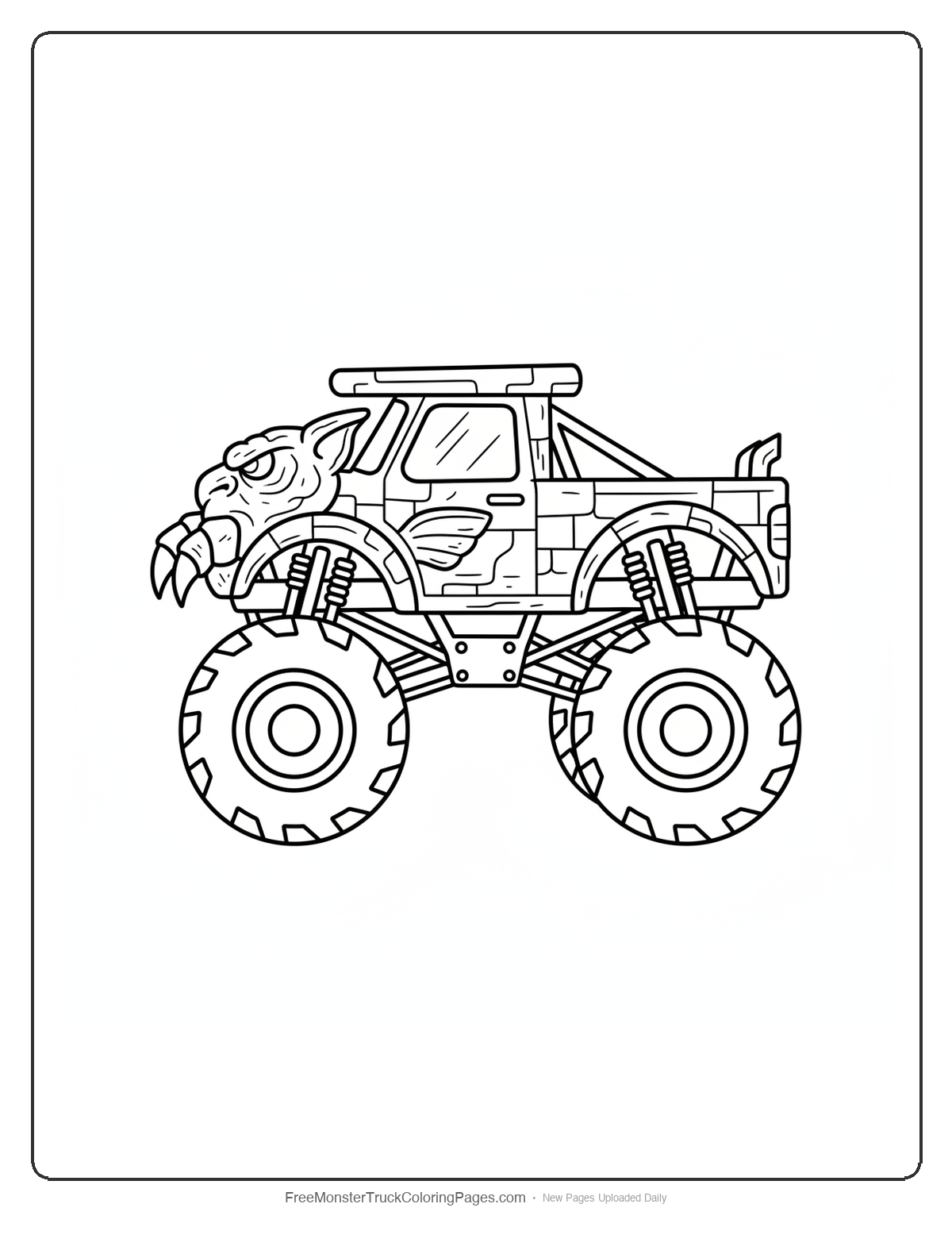 Black and white coloring page of a monster truck with a cab shaped like a gargoyle crouching on a building ledge