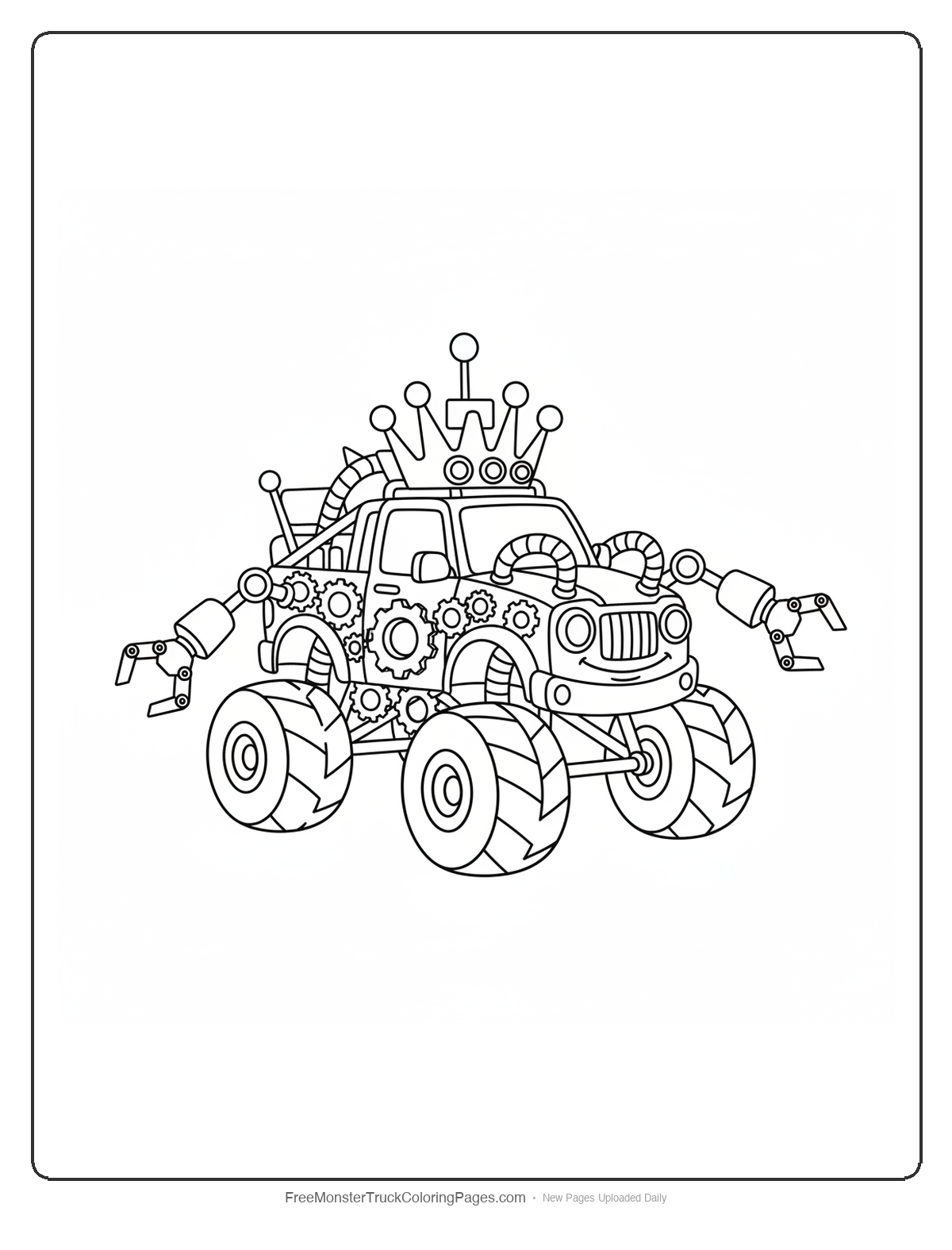 Detailed monster truck coloring page covered in gears, mechanical parts, robot arms, and complex machinery