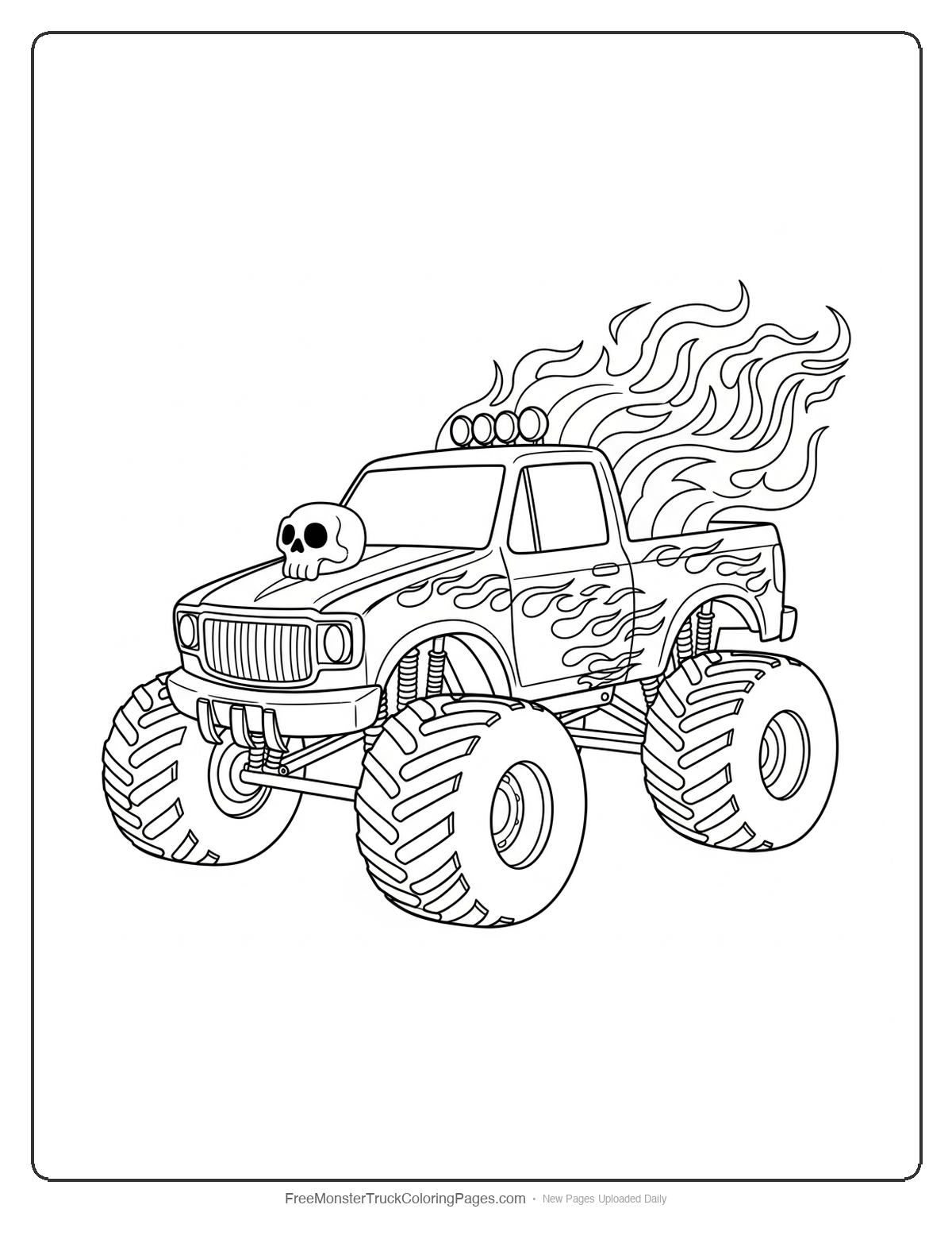 Black and white coloring page of a monster truck with ghost flames and phantom decorations