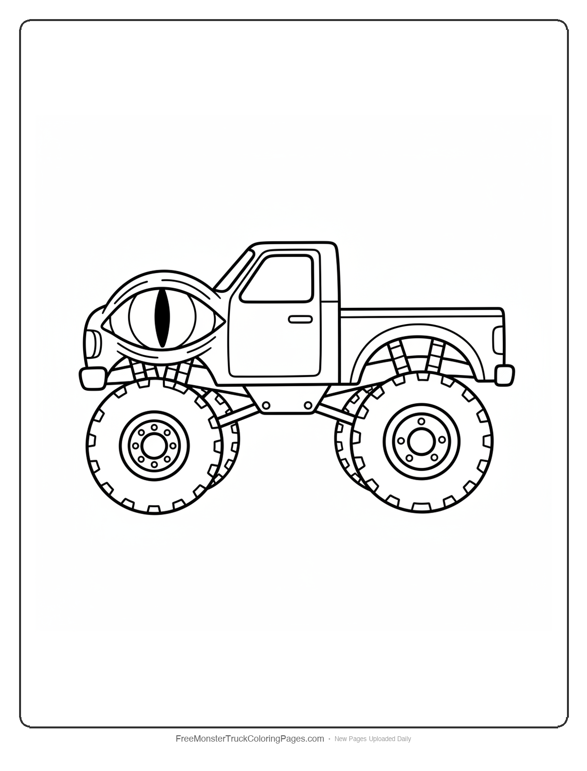 Black and white coloring page of a monster truck with the entire hood shaped as one enormous kraken eye with a vertical slit pupil