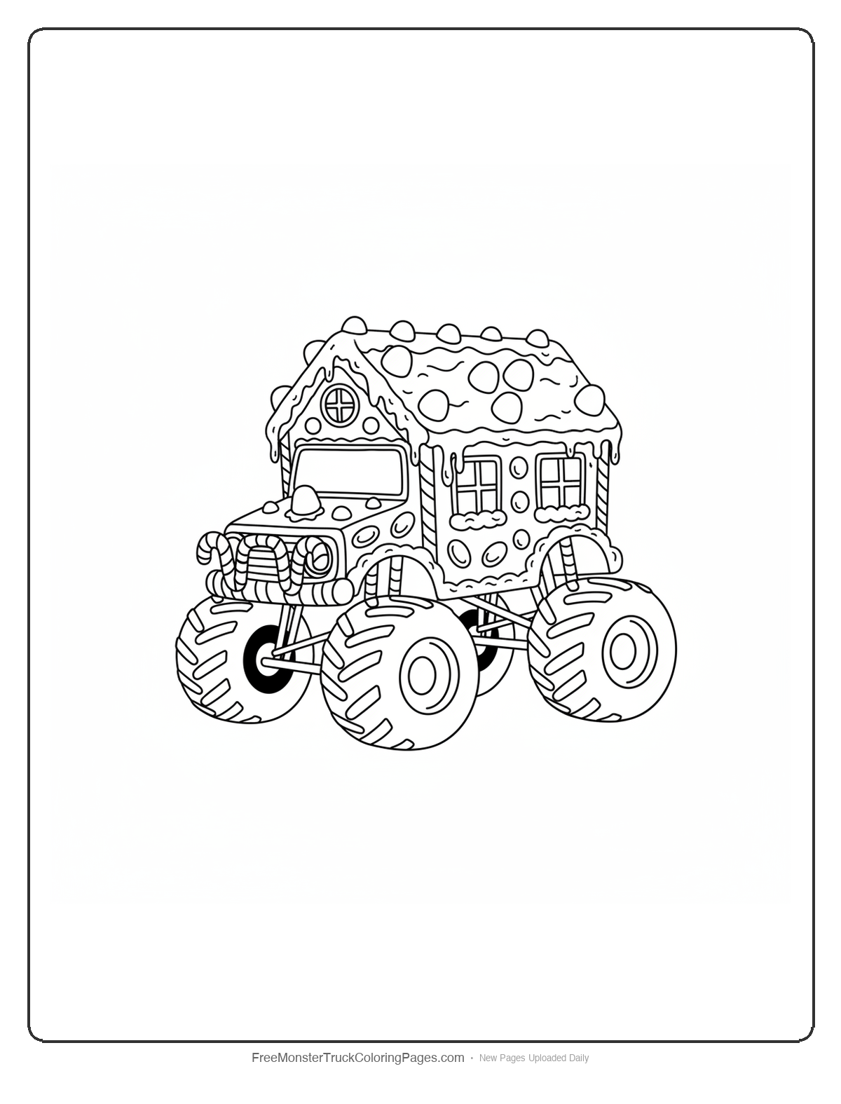 Black and white coloring page of a monster truck designed like a gingerbread house with candy trim and large wheels