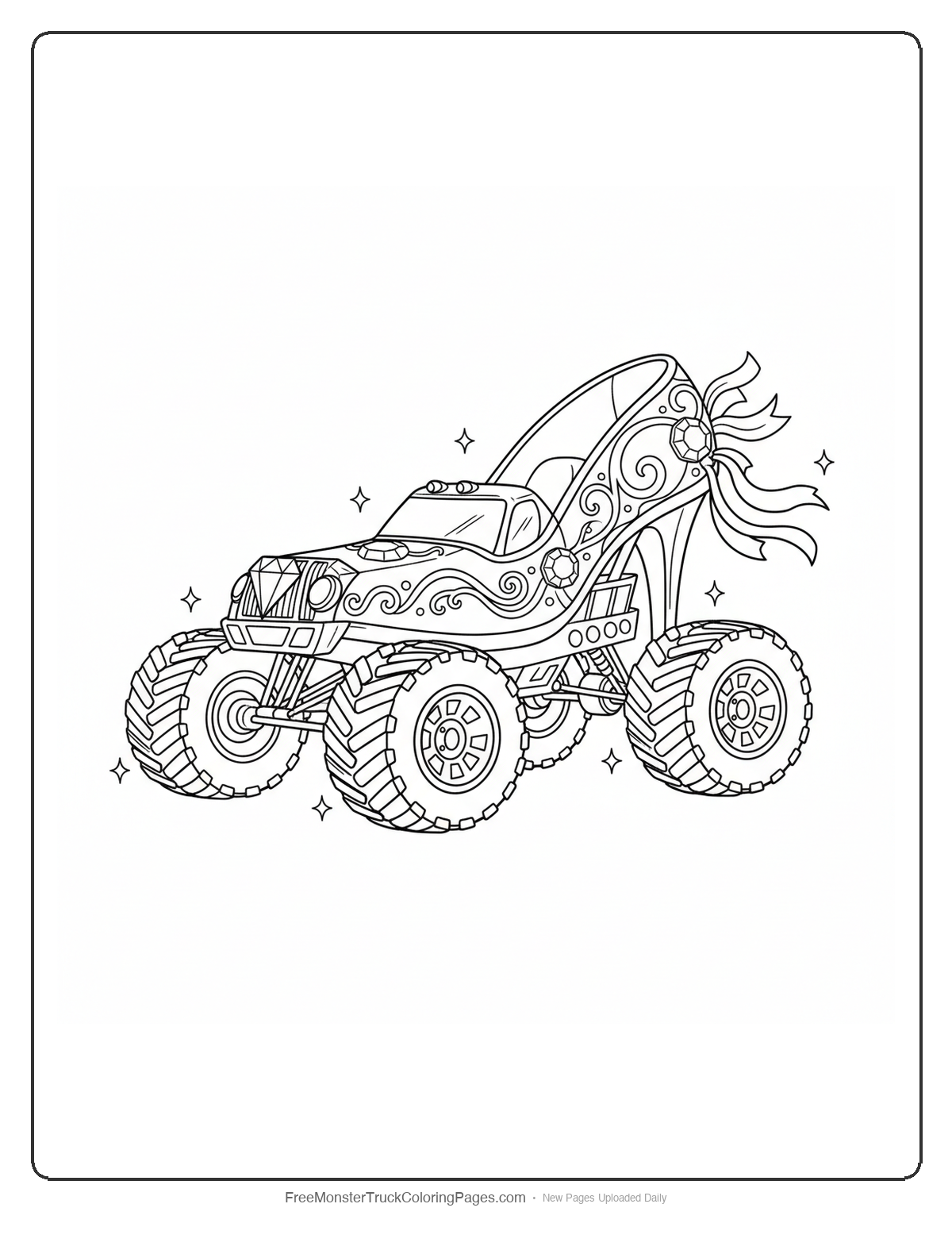 Black and white coloring page of an elegant monster truck shaped like a glass slipper with decorative patterns and large wheels