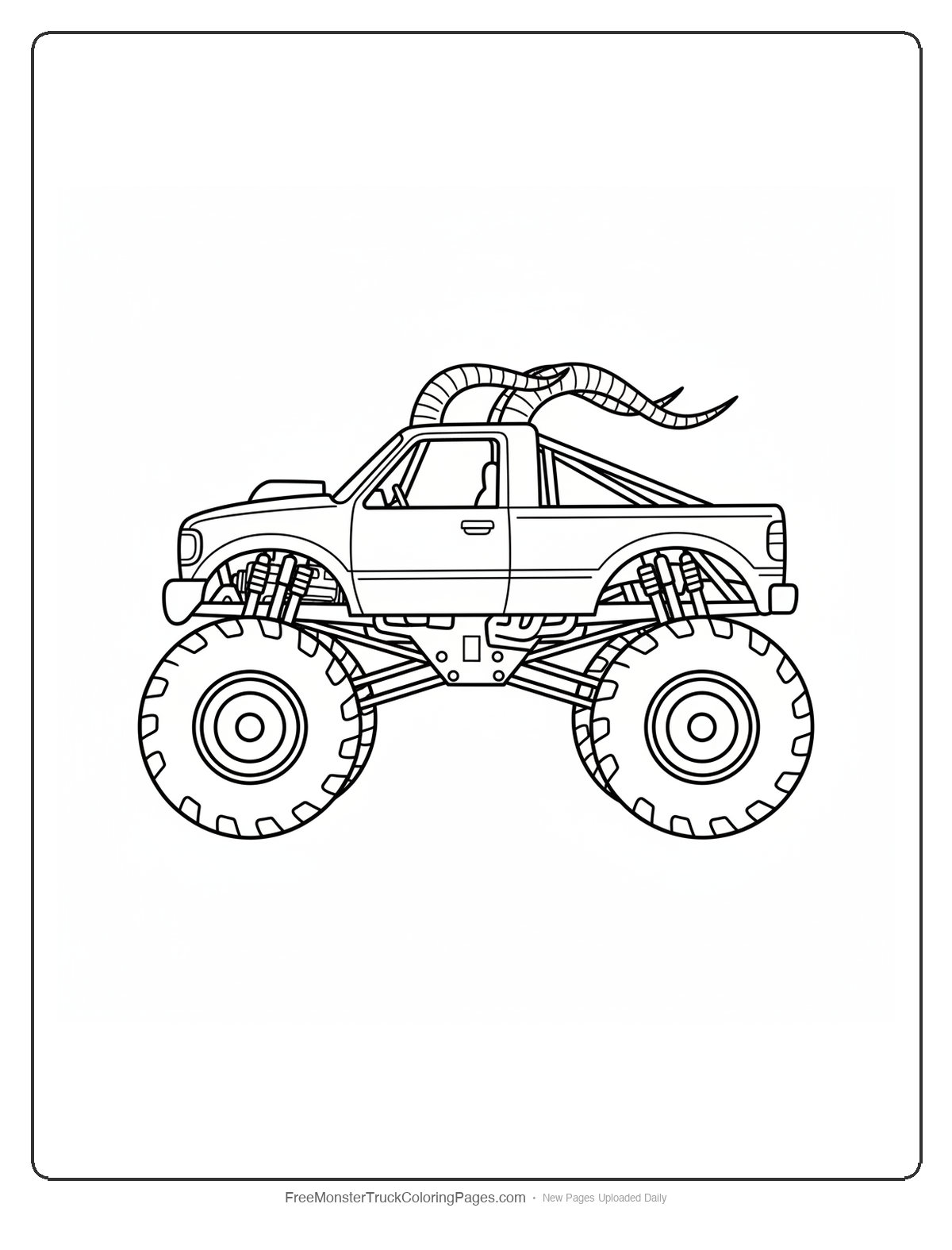 Black and white coloring page of a monster truck with roll cage bars that curve into goat horn shapes