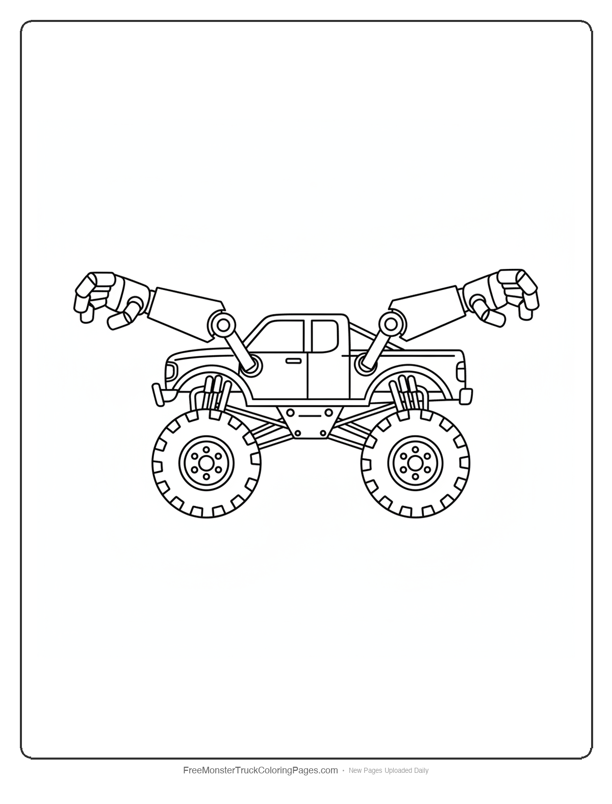 Black and white coloring page of a monster truck with two mechanical gorilla arms with grabbing hands on each side
