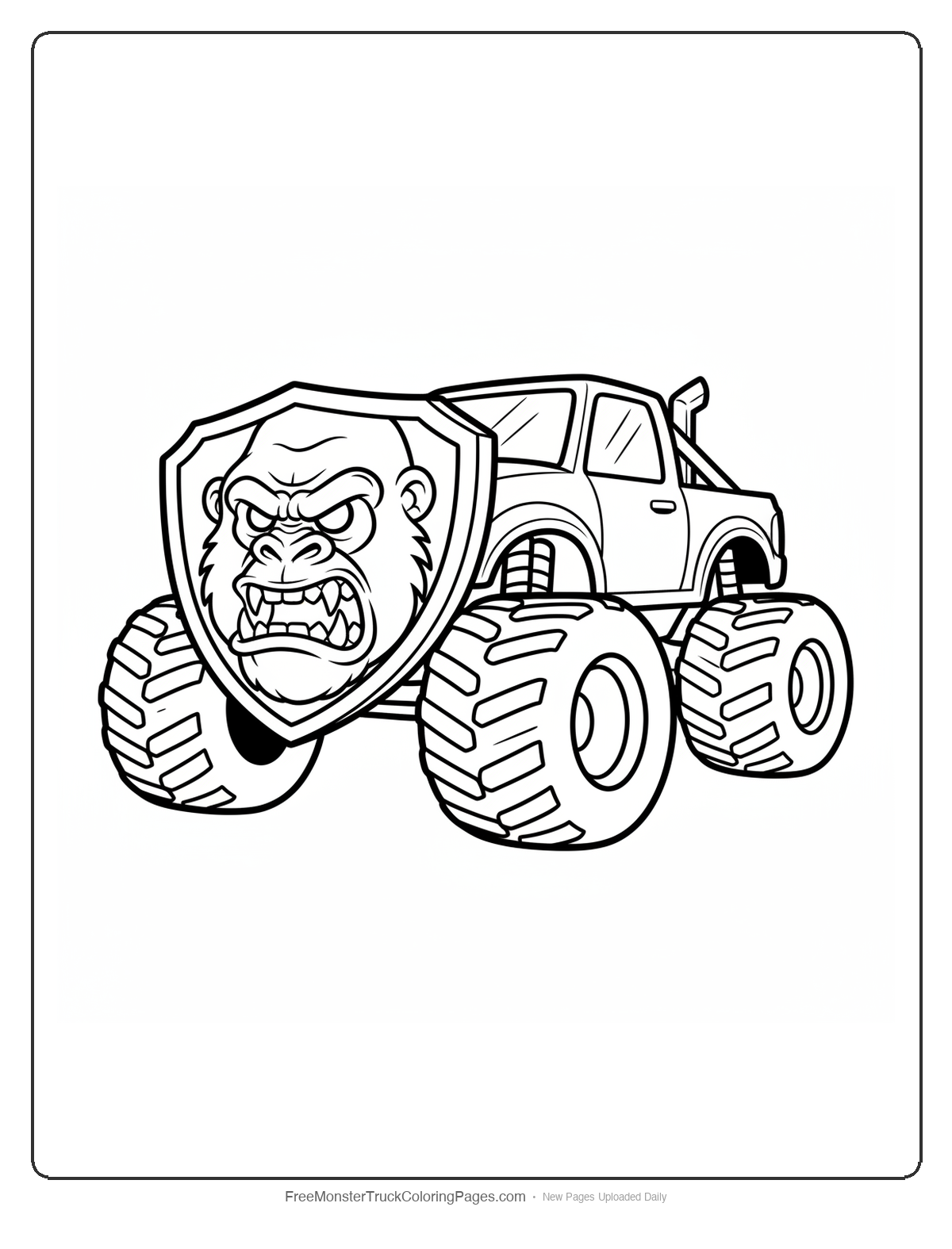 Black and white coloring page of a monster truck with a huge shield grille featuring an embossed gorilla face
