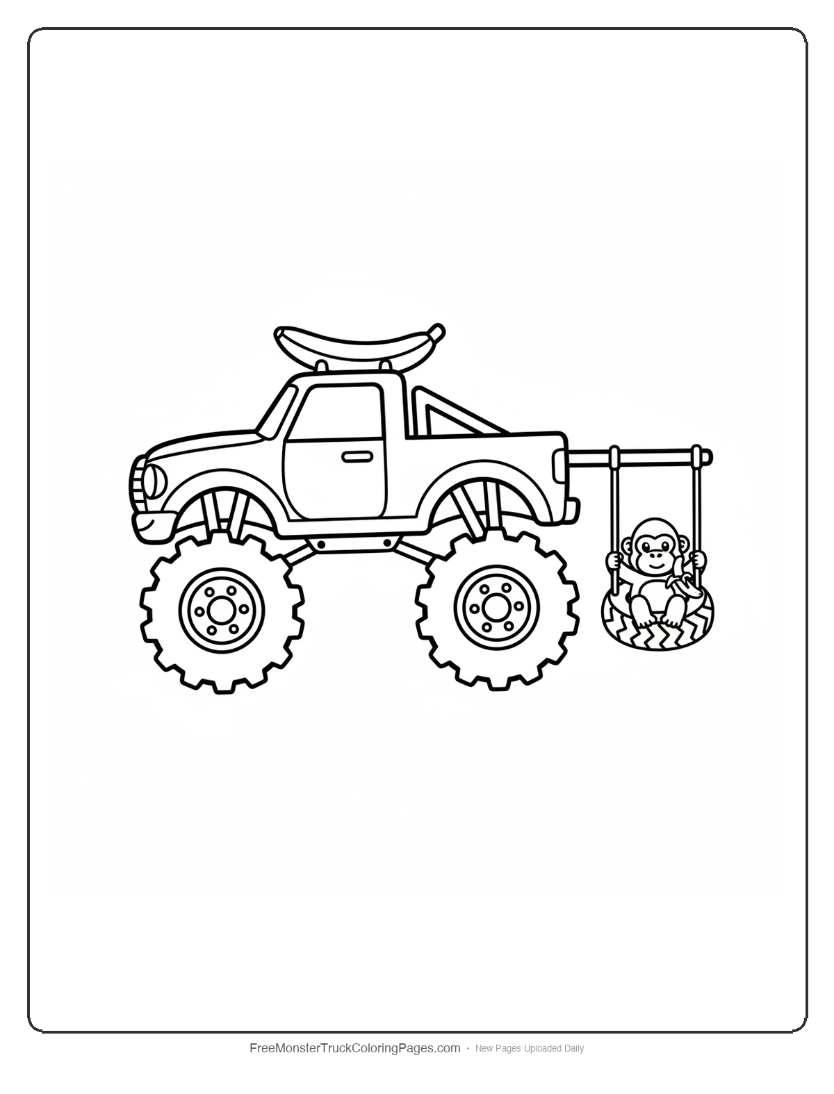 Black and white coloring page of a simple monster truck with a tire swing on the back and a gorilla swinging on it