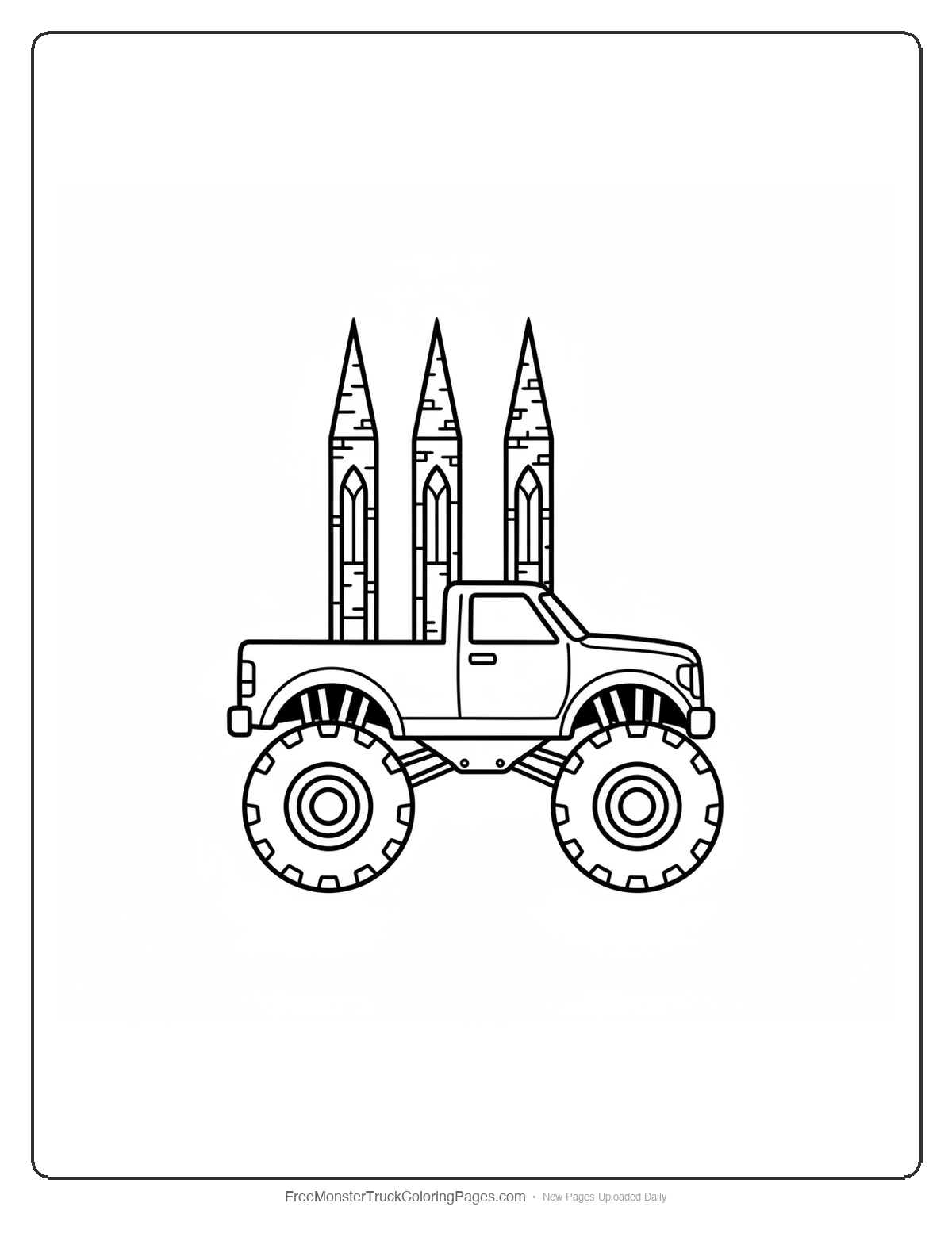 Black and white coloring page of a monster truck with exhaust pipes shaped like gothic cathedral spires pointing upward