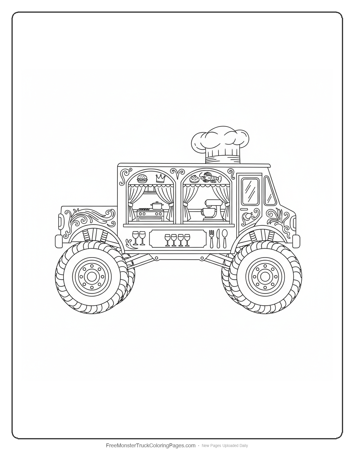 Black and white coloring page of an elaborate gourmet monster truck with fancy restaurant decorations