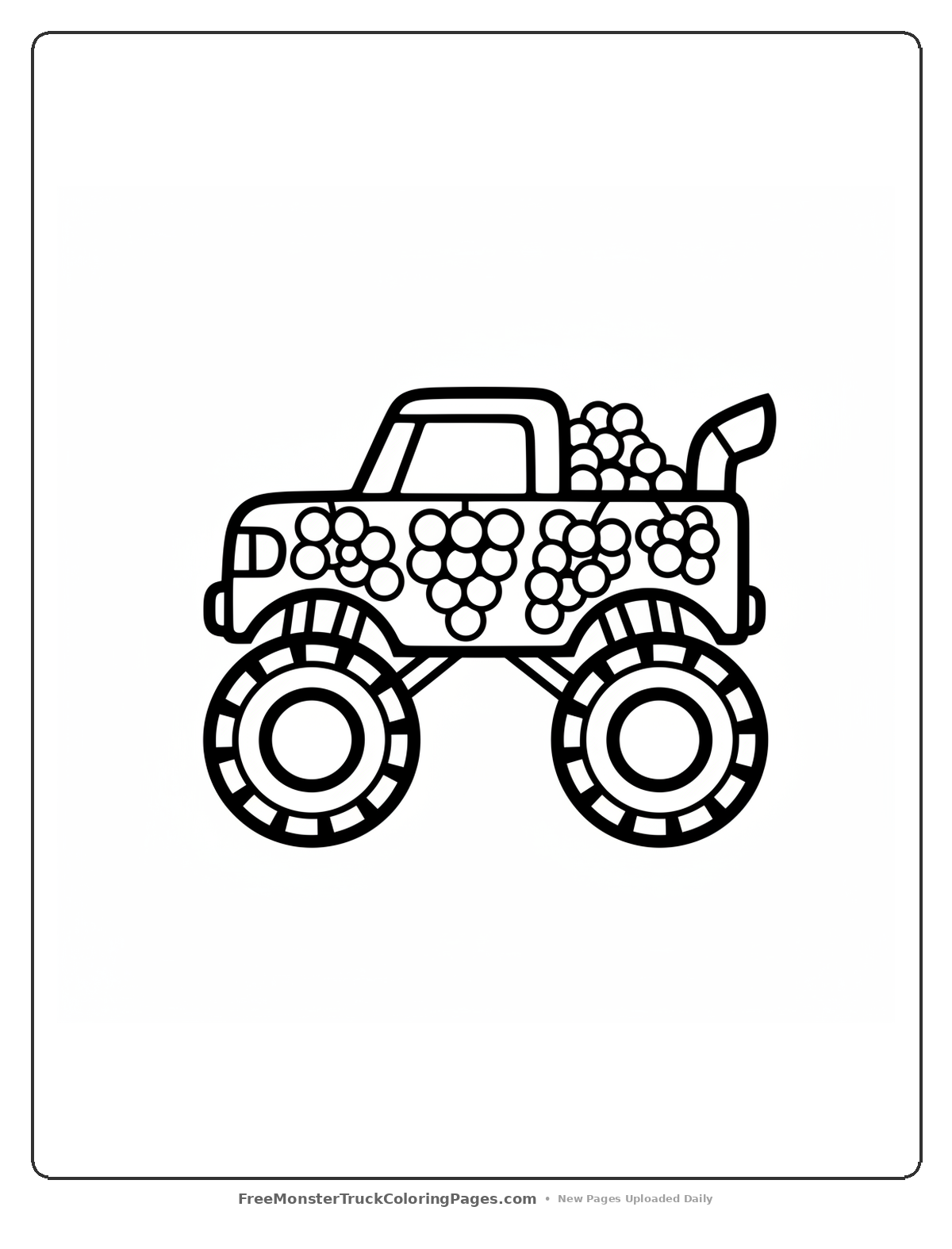 Black and white coloring page of a monster truck decorated with grape bunches on the sides and roof
