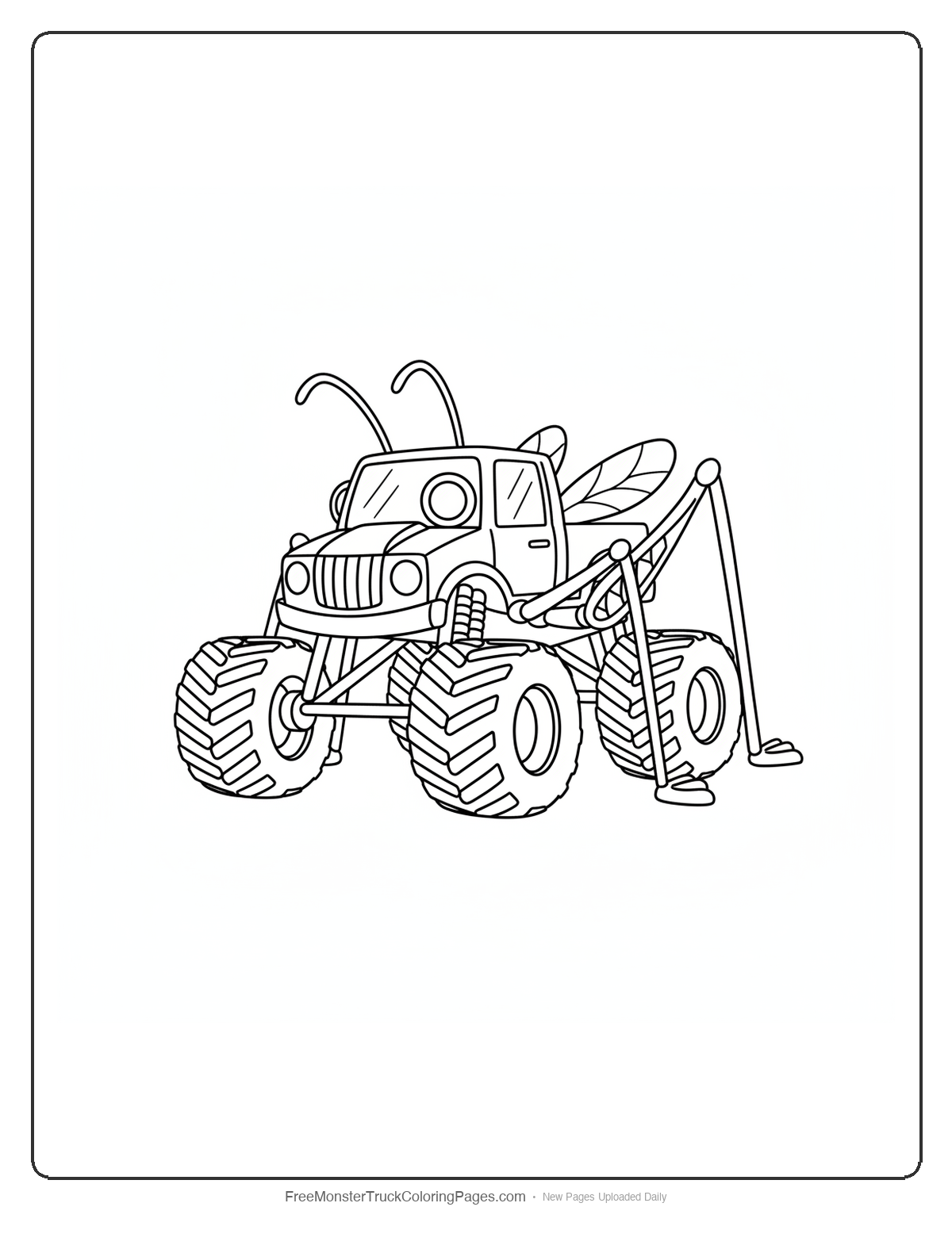 Monster truck designed like a grasshopper with long powerful legs, antennae, and wings on white background