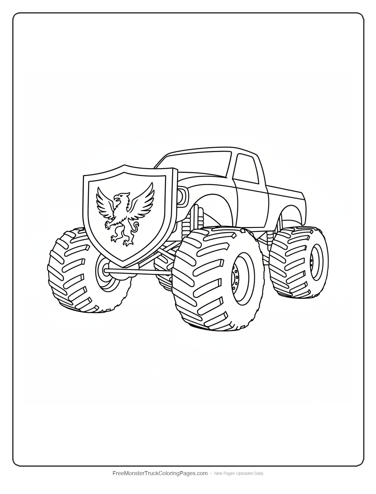 Black and white coloring page of a monster truck with a heraldic shield front grille featuring an embossed griffin silhouette