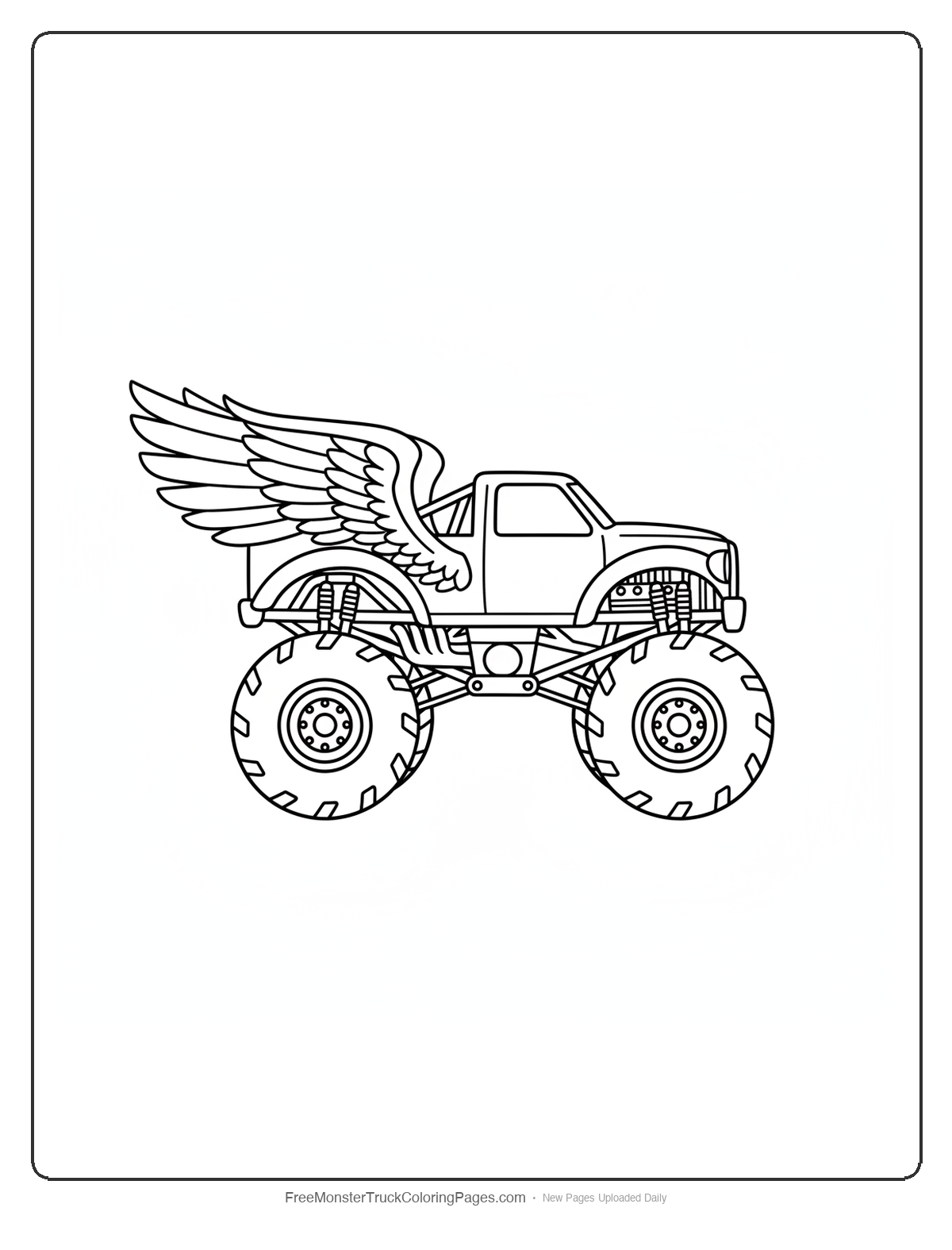 Black and white coloring page of a monster truck with rear fenders shaped like spread eagle wings and front fenders like lion haunches