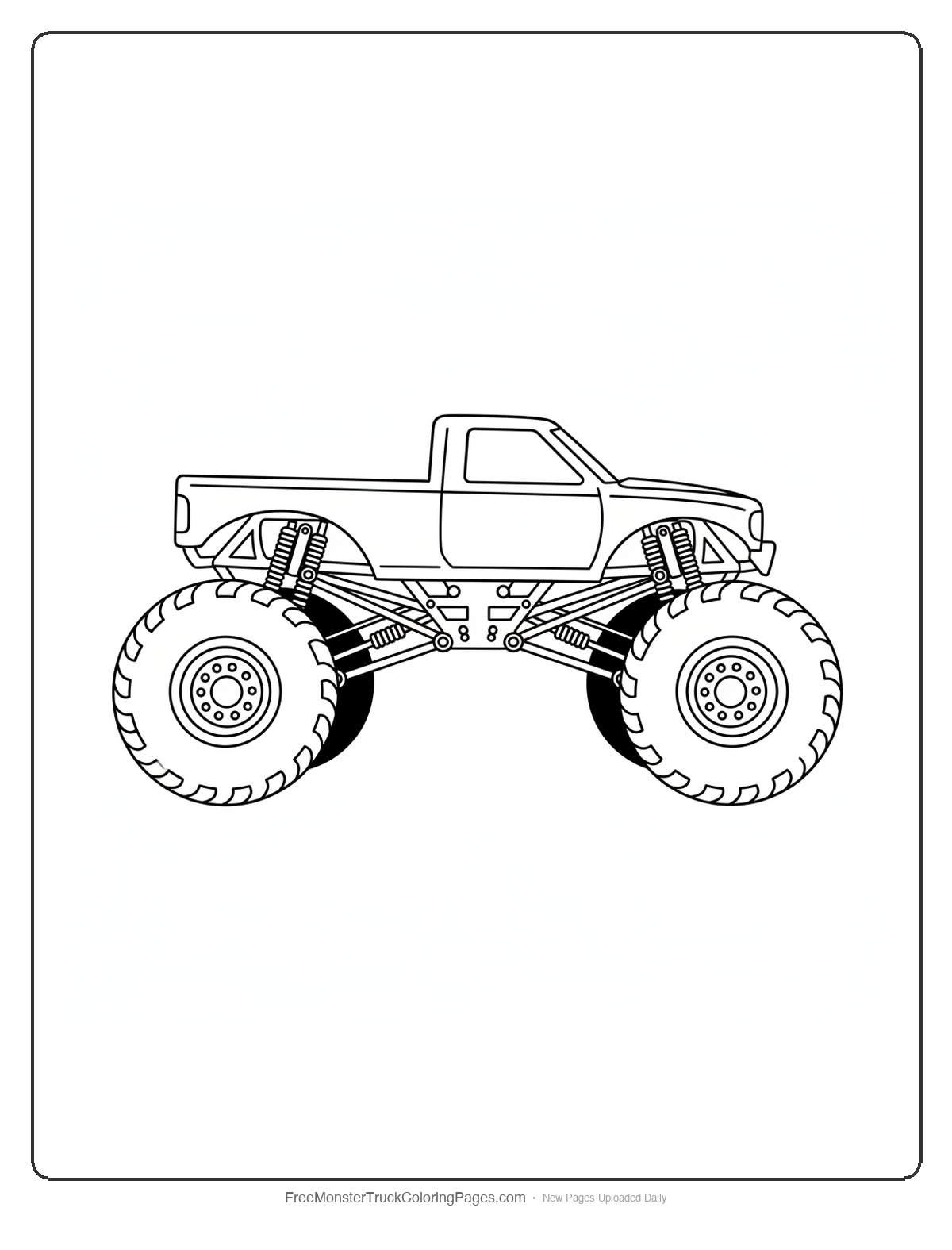 Black and white coloring page of a monster truck in a wide aggressive low stance like a guard dog bracing