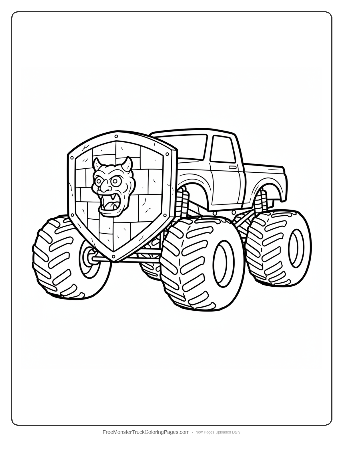 Black and white coloring page of a simple monster truck with a shield-shaped front end and gargoyle head on the hood