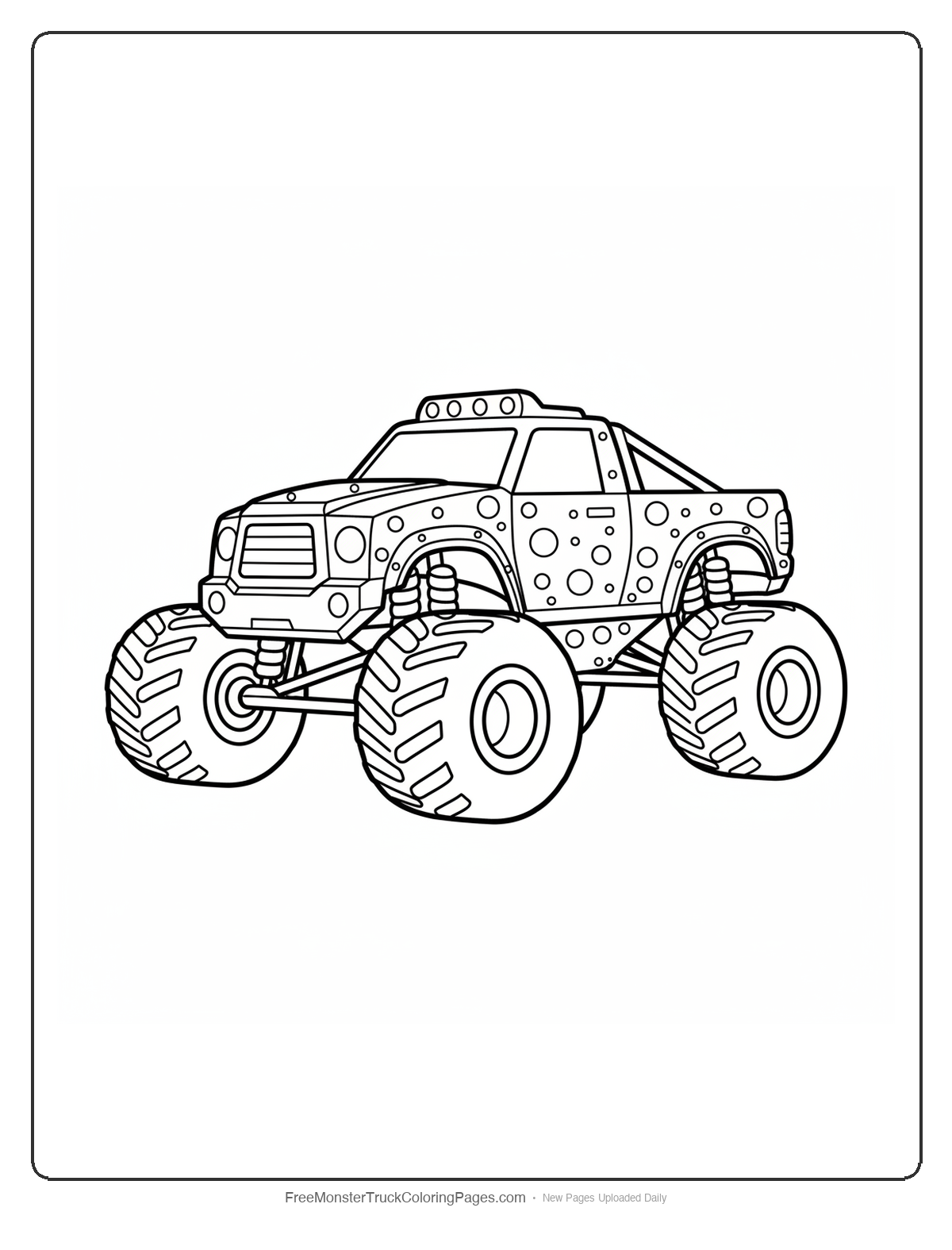 Coloring page of a monster truck with circular hailstone patterns and protective features