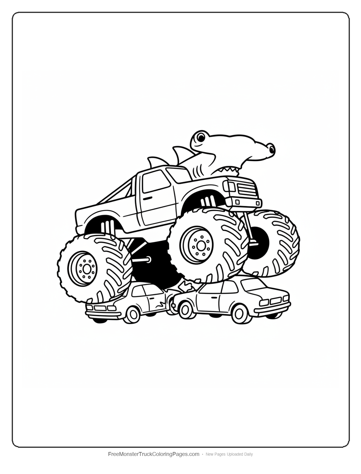 Black and white coloring page of a monster truck with a hammerhead shark shaped hood crushing cars
