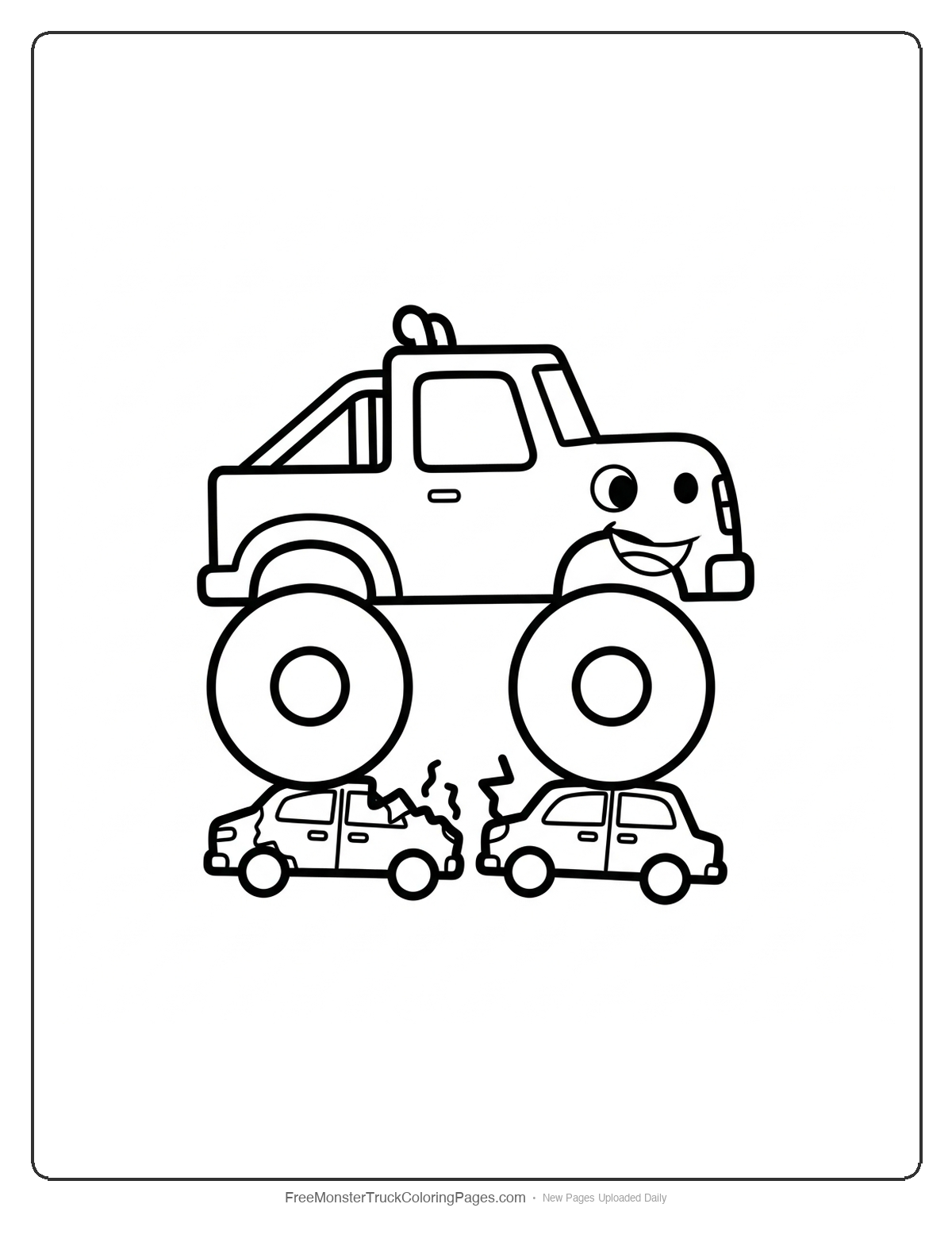 Black and white coloring page of a very simple smiling monster truck with basic shapes crushing cars beneath