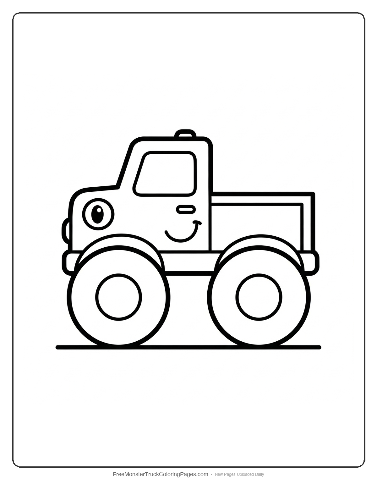 Easy monster truck coloring page with happy face, large wheels, and simple shapes for young children