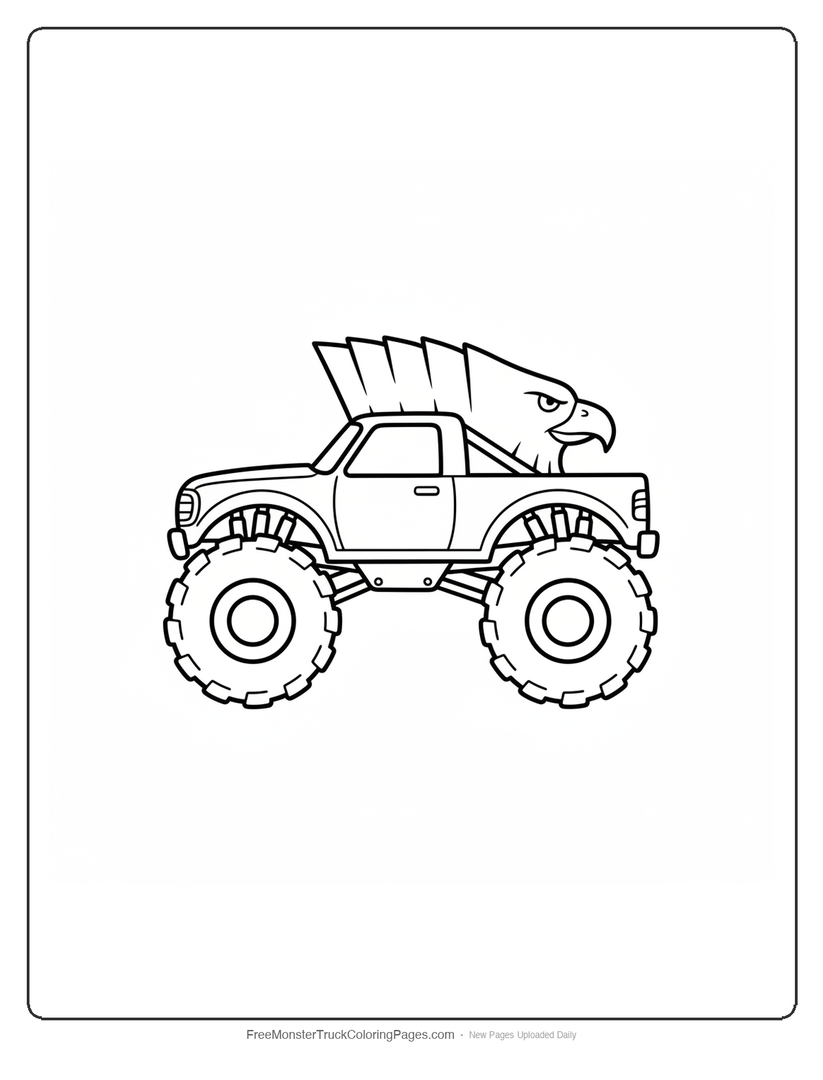 Black and white coloring page of a monster truck with a tall hawk head crest shape running along the center of the hood