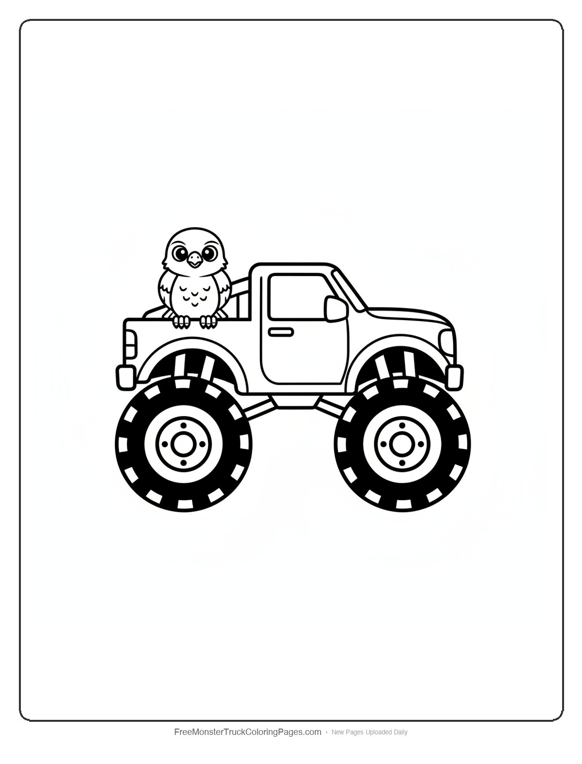 Black and white coloring page of a simple monster truck with a small cartoon hawk perched on the cab roof gripping the edge with talons