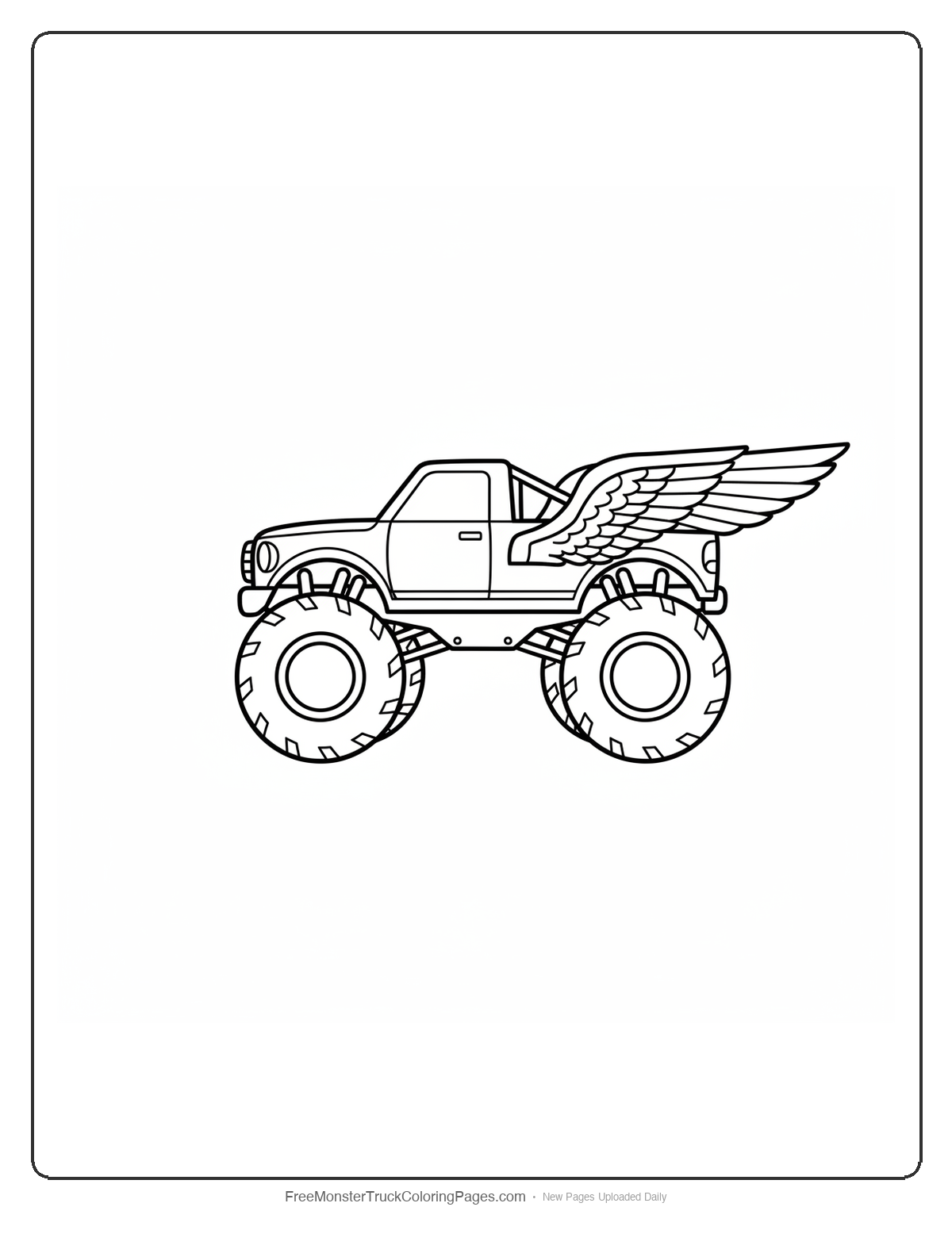 Black and white coloring page of a monster truck with a wide rear spoiler shaped like spread hawk wings with feather-edge tips
