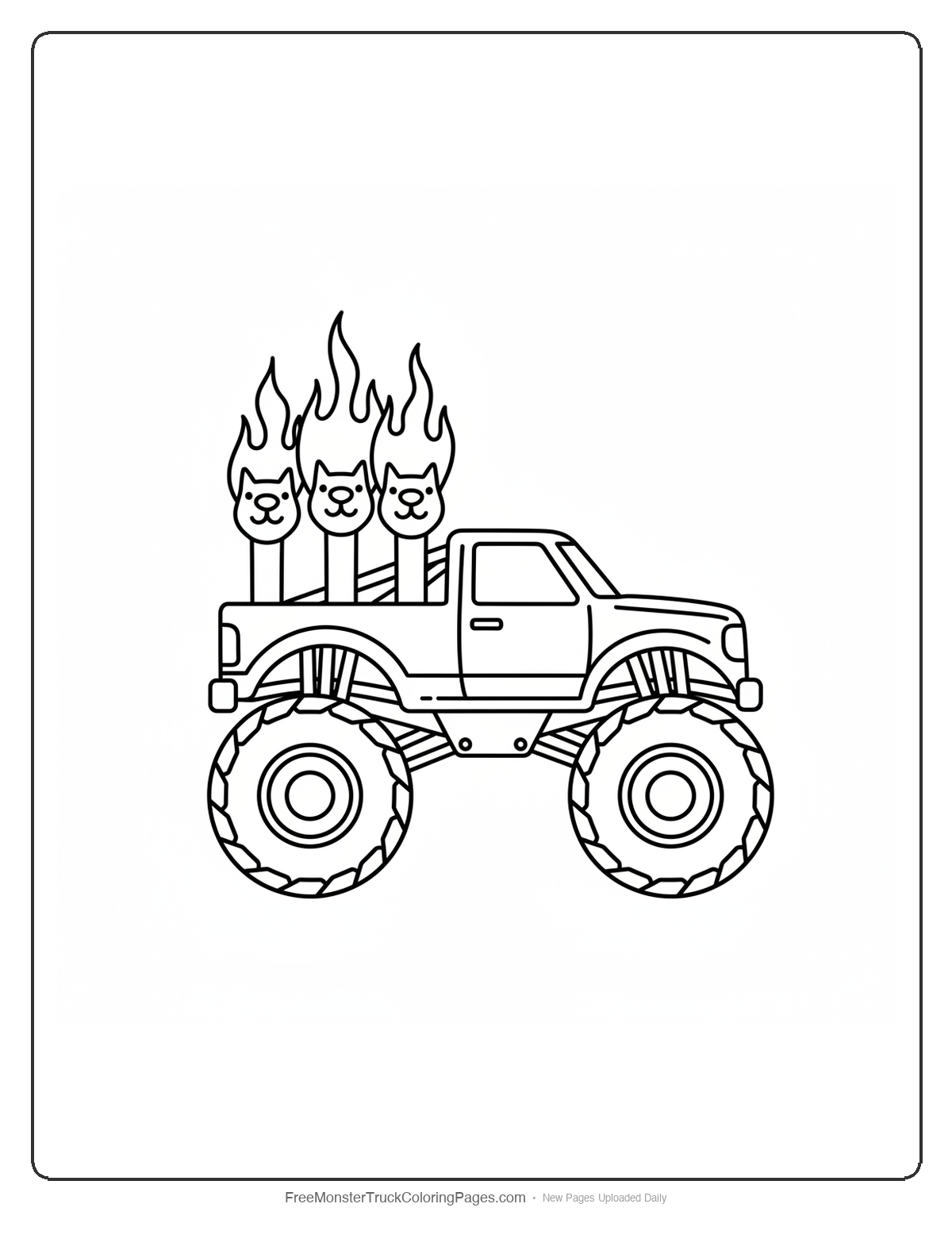 Black and white coloring page of a monster truck with three dog snout exhaust pipes shooting flame shapes from each opening
