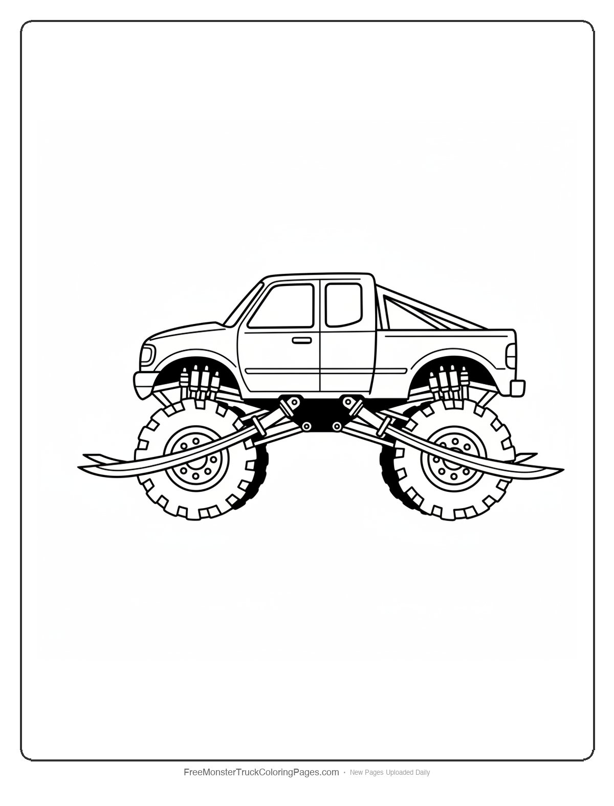 Black and white coloring page of a monster truck with blade shapes sliding out from the bottom edges of the doors