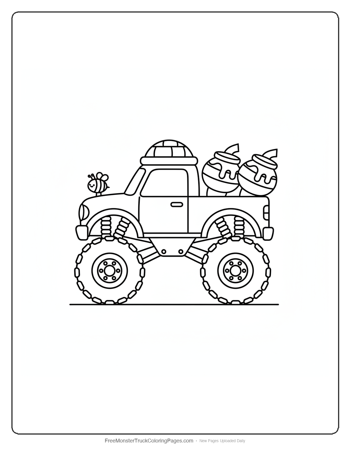 Black and white coloring page of a simple monster truck with honey pot shaped exhaust stacks and a beehive cab roof