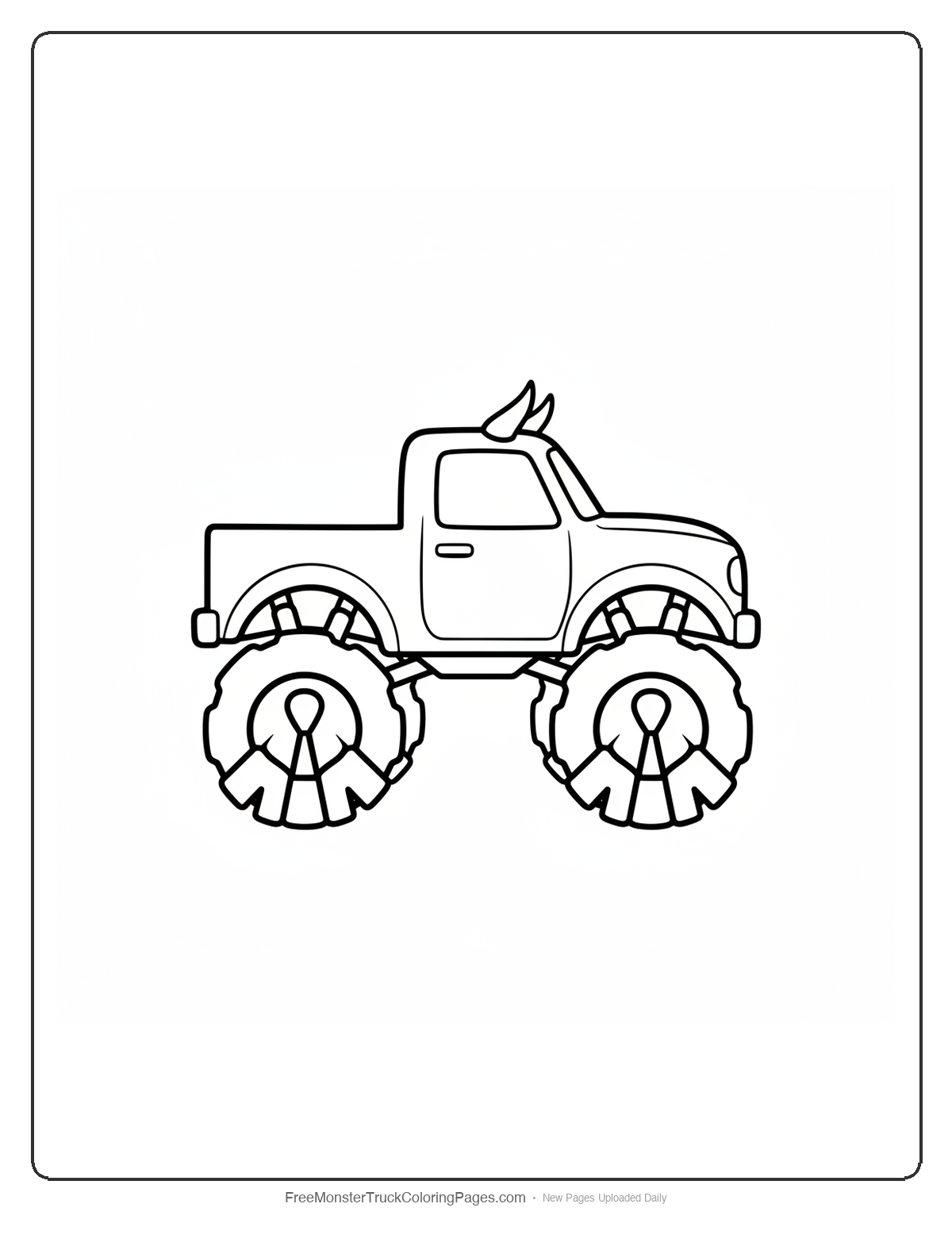 Black and white coloring page of a simple monster truck with cloven hoof shaped wheels and small horns on the roof