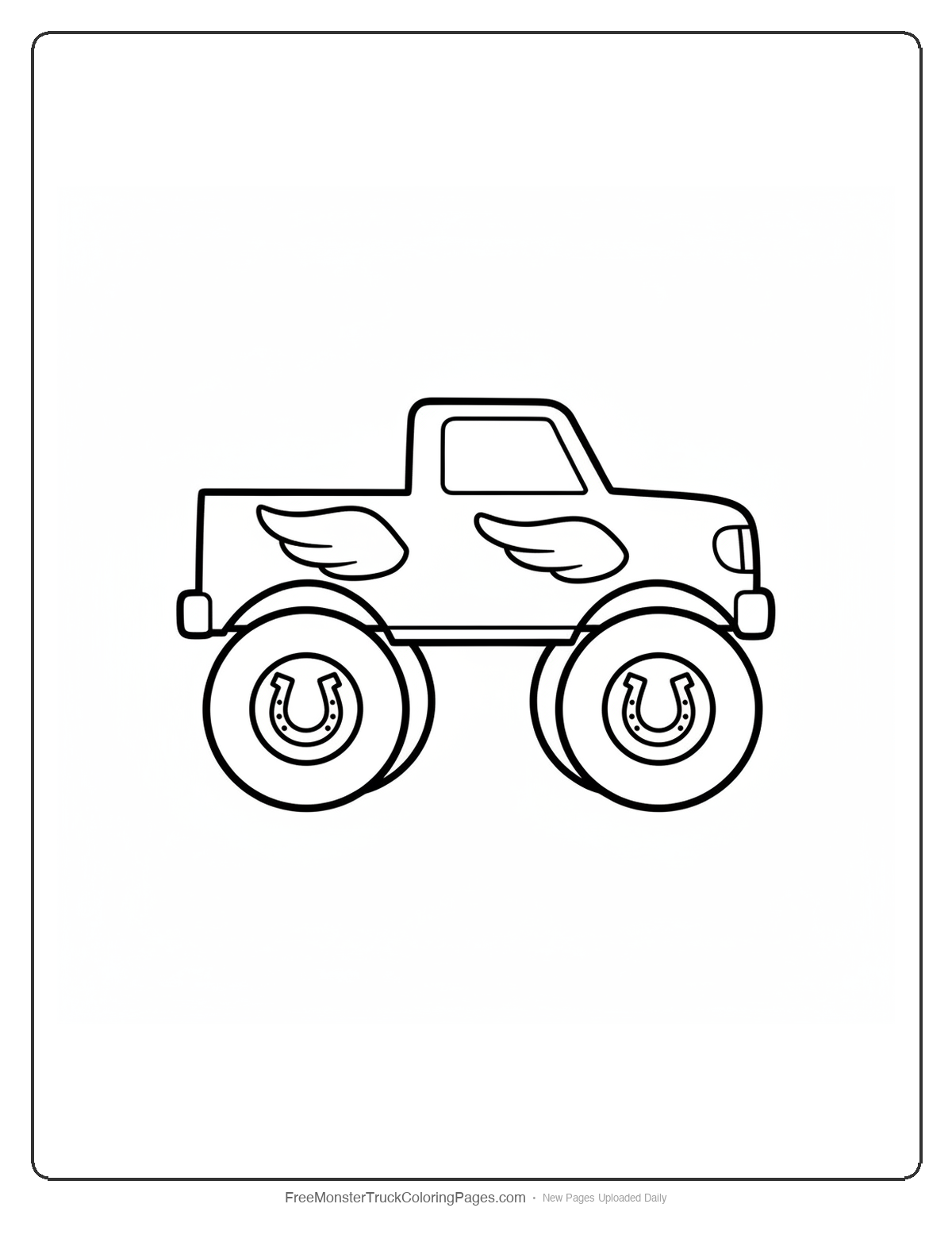 Black and white coloring page of a simple monster truck with hoof-shaped wheels each showing a horseshoe on the hub