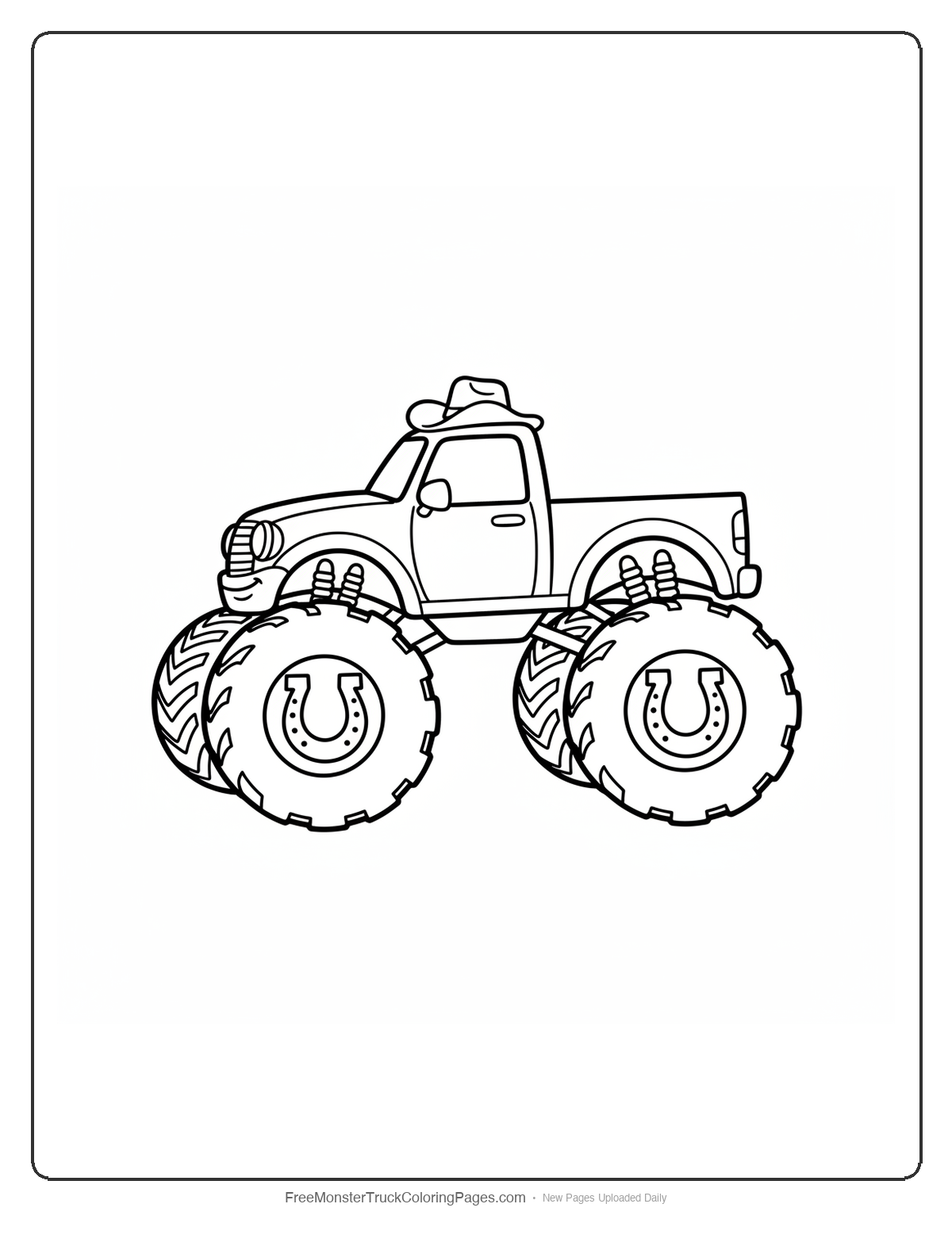 Black and white coloring page of a simple monster truck with horseshoe shaped wheel hubs and a cowboy hat on the roof