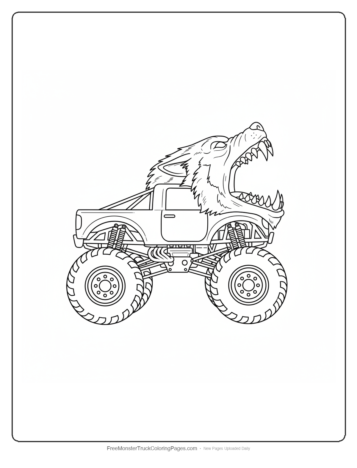 Black and white coloring page of a monster truck with a hood shaped like a howling werewolf head tilted back