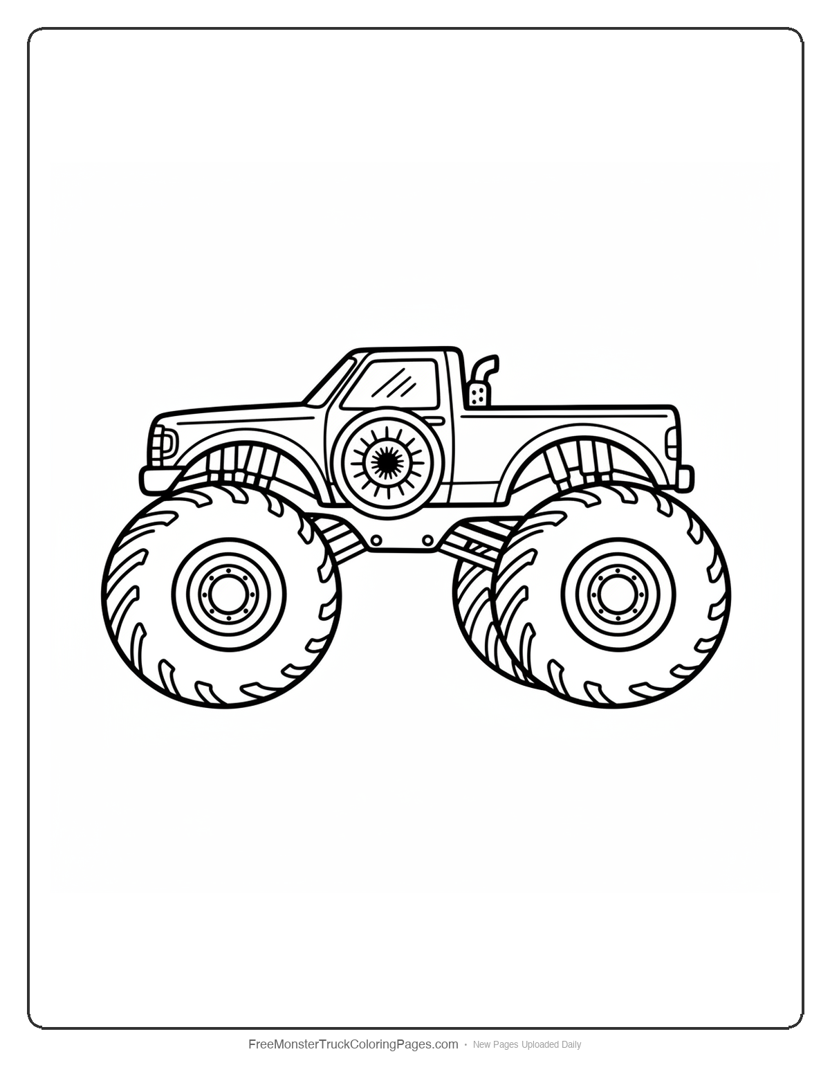 Black and white coloring page of a monster truck with one large round central headlight like a falcon hunting eye