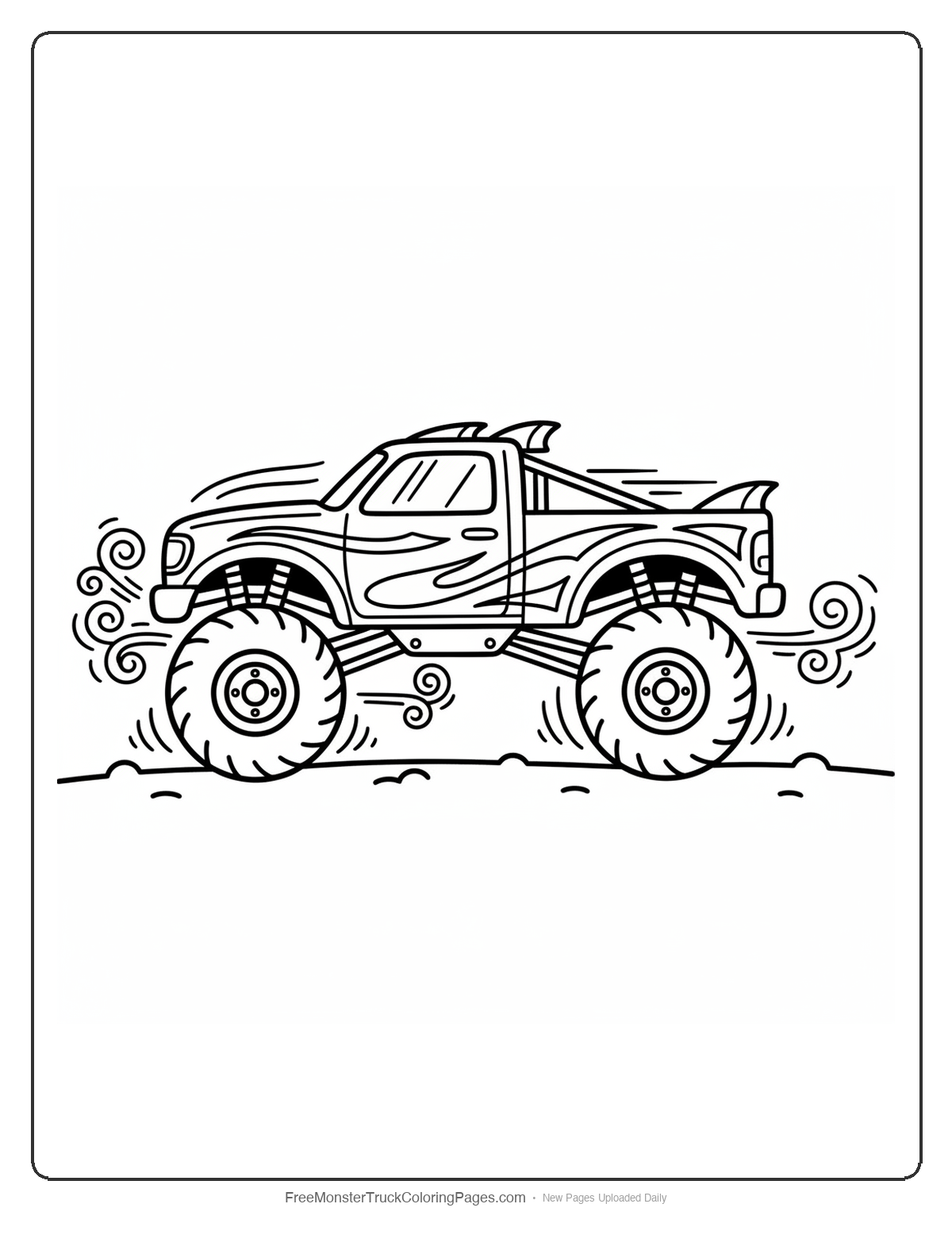 Coloring page of a monster truck with flowing wind patterns and aerodynamic details