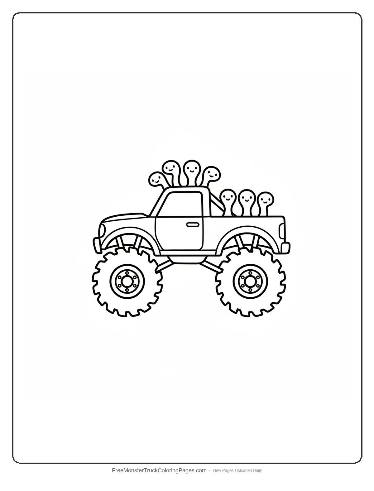 Black and white coloring page of a simple monster truck with five small snake head shapes rising from the roof like a crown