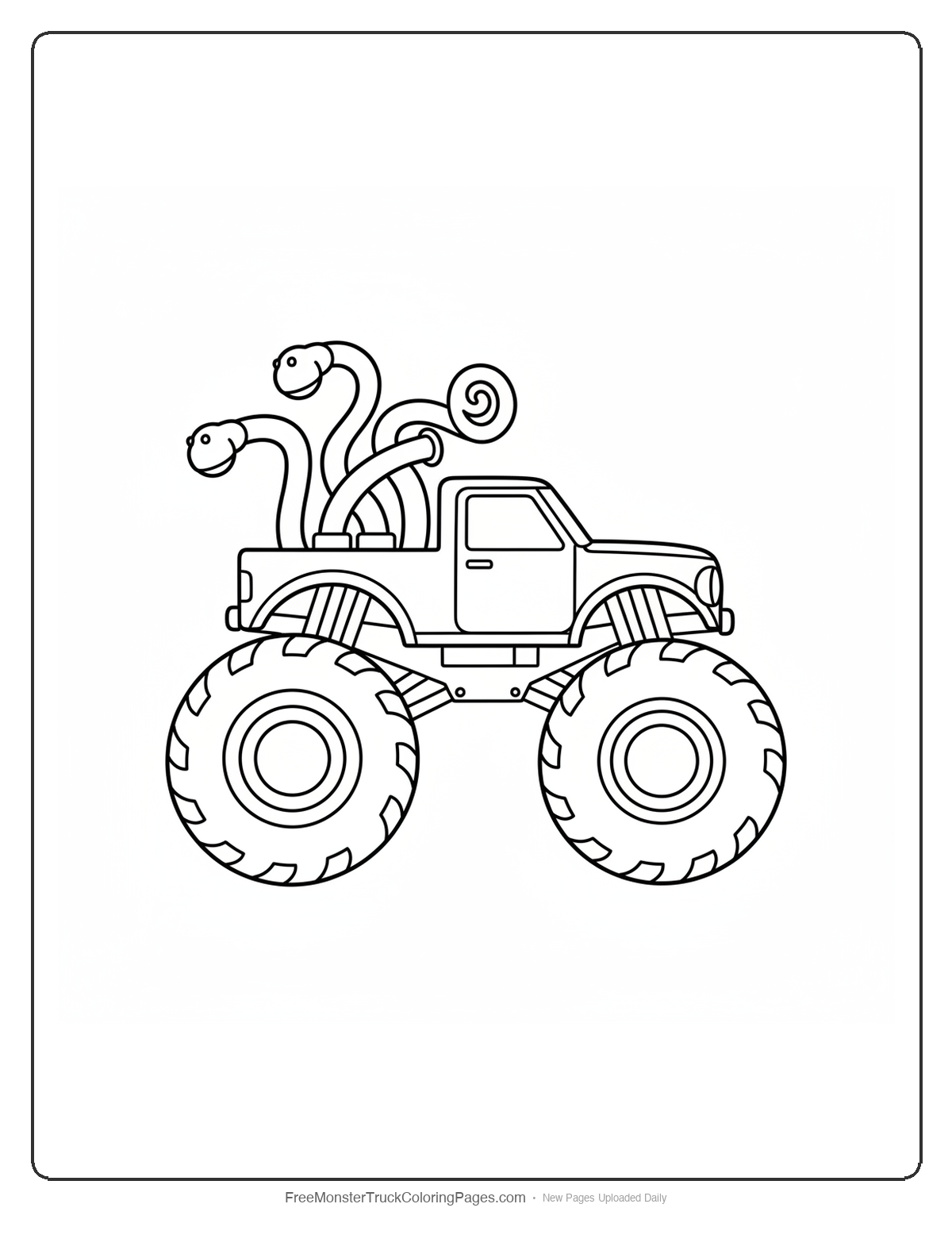 Black and white coloring page of a monster truck with three curving exhaust pipes shaped like hydra necks rising behind the cab