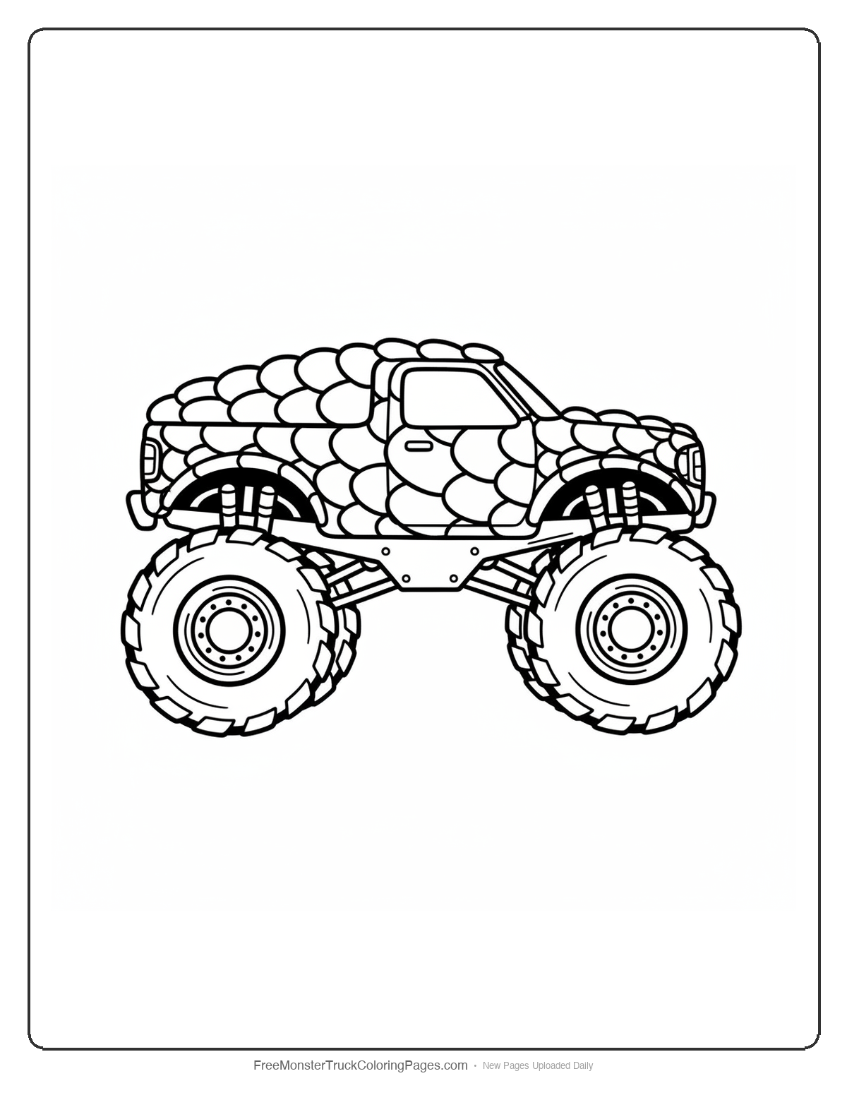 Black and white coloring page of a monster truck with cab covered in thick overlapping scale-shaped armor plates