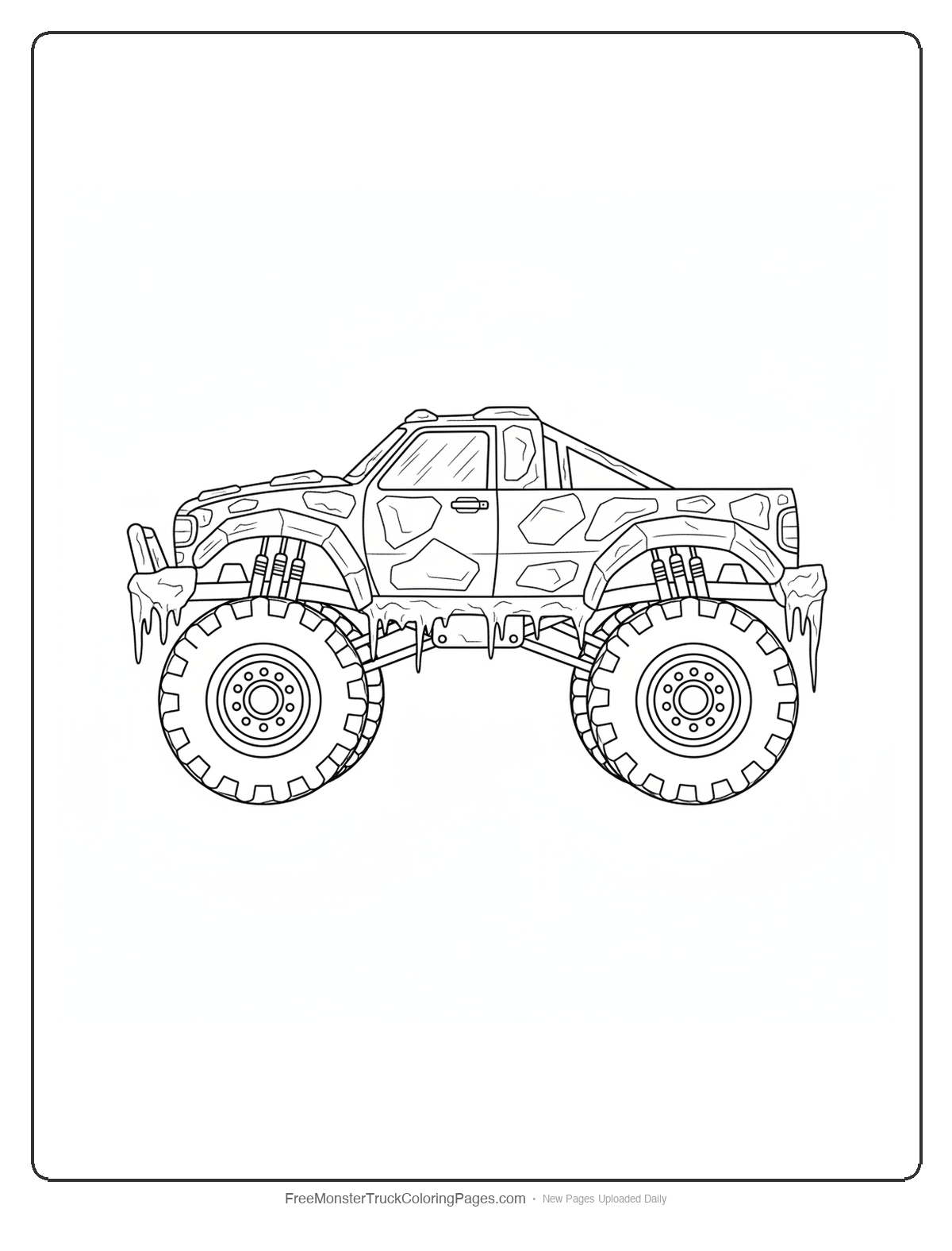 Black and white coloring page of a monster truck covered in thick ice armor plates with icicles hanging from the edges