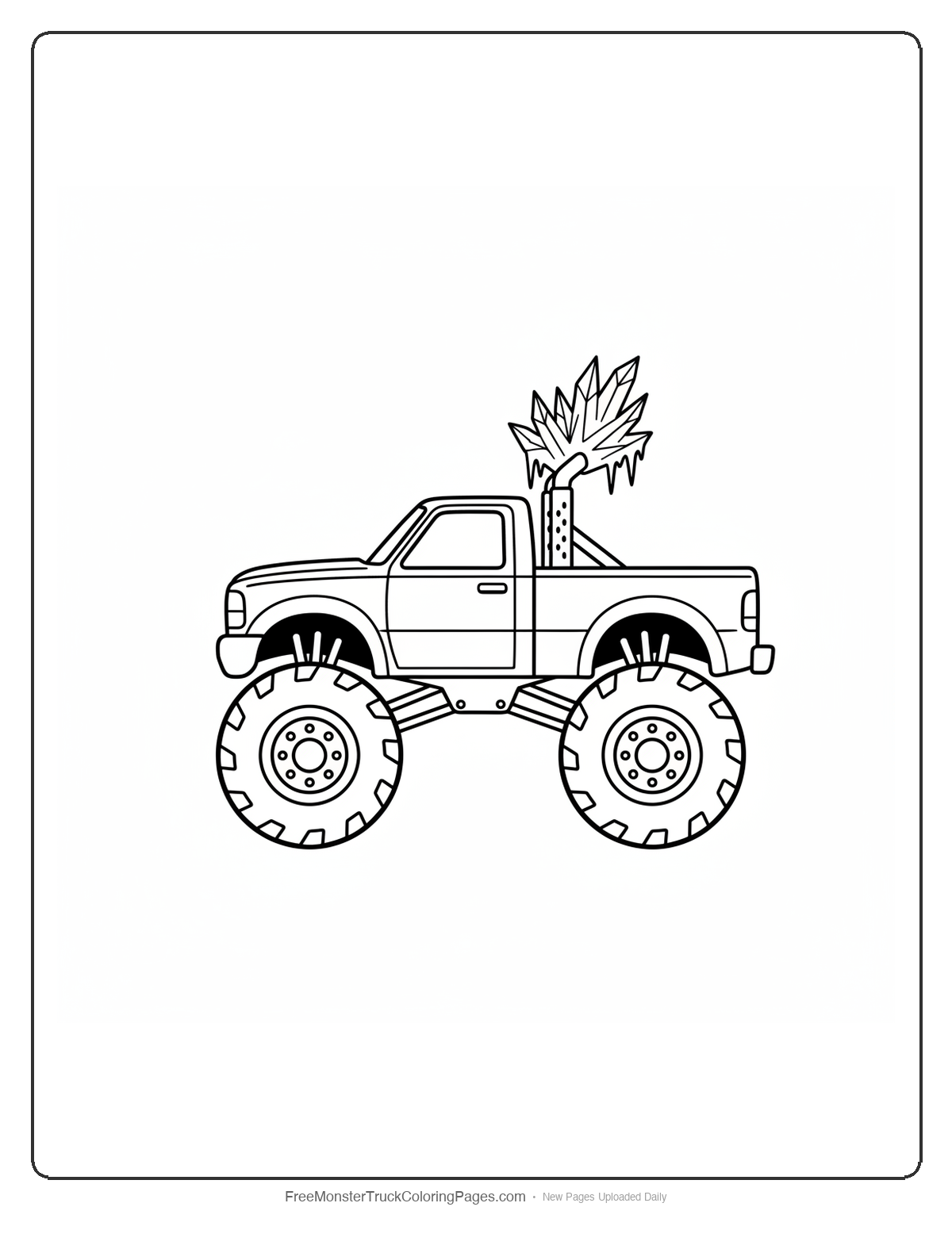 Black and white coloring page of a monster truck with exhaust pipes ending in sharp ice crystal and icicle shapes