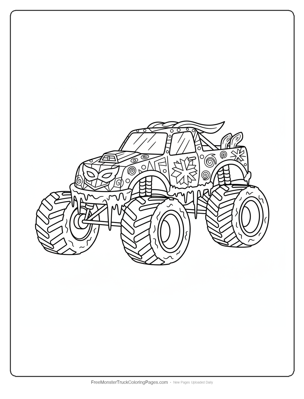 Monster truck coloring page with ice crystal decorations and winter superhero powers