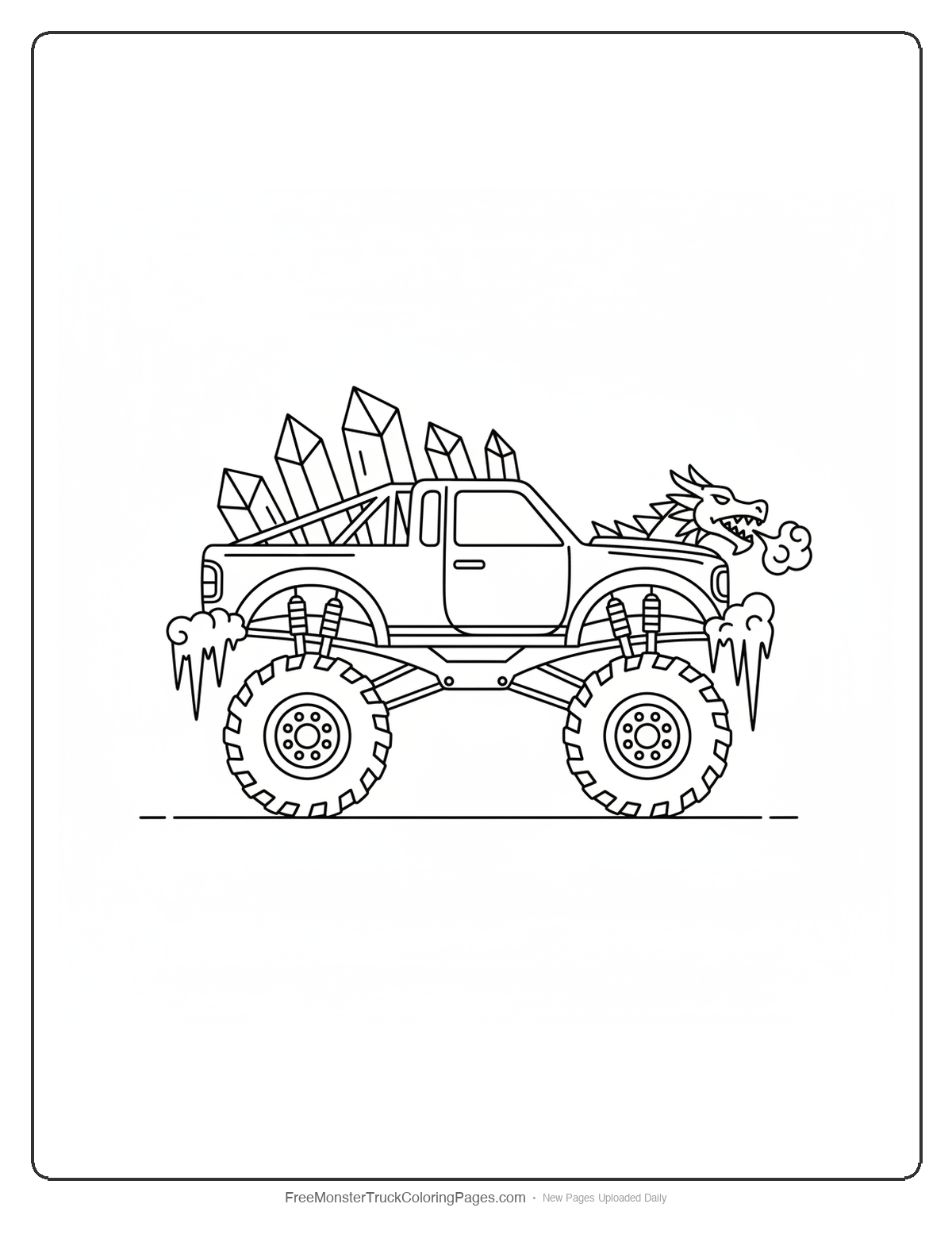 Black and white coloring page of a monster truck with ice crystal spikes and an ice dragon head on the hood
