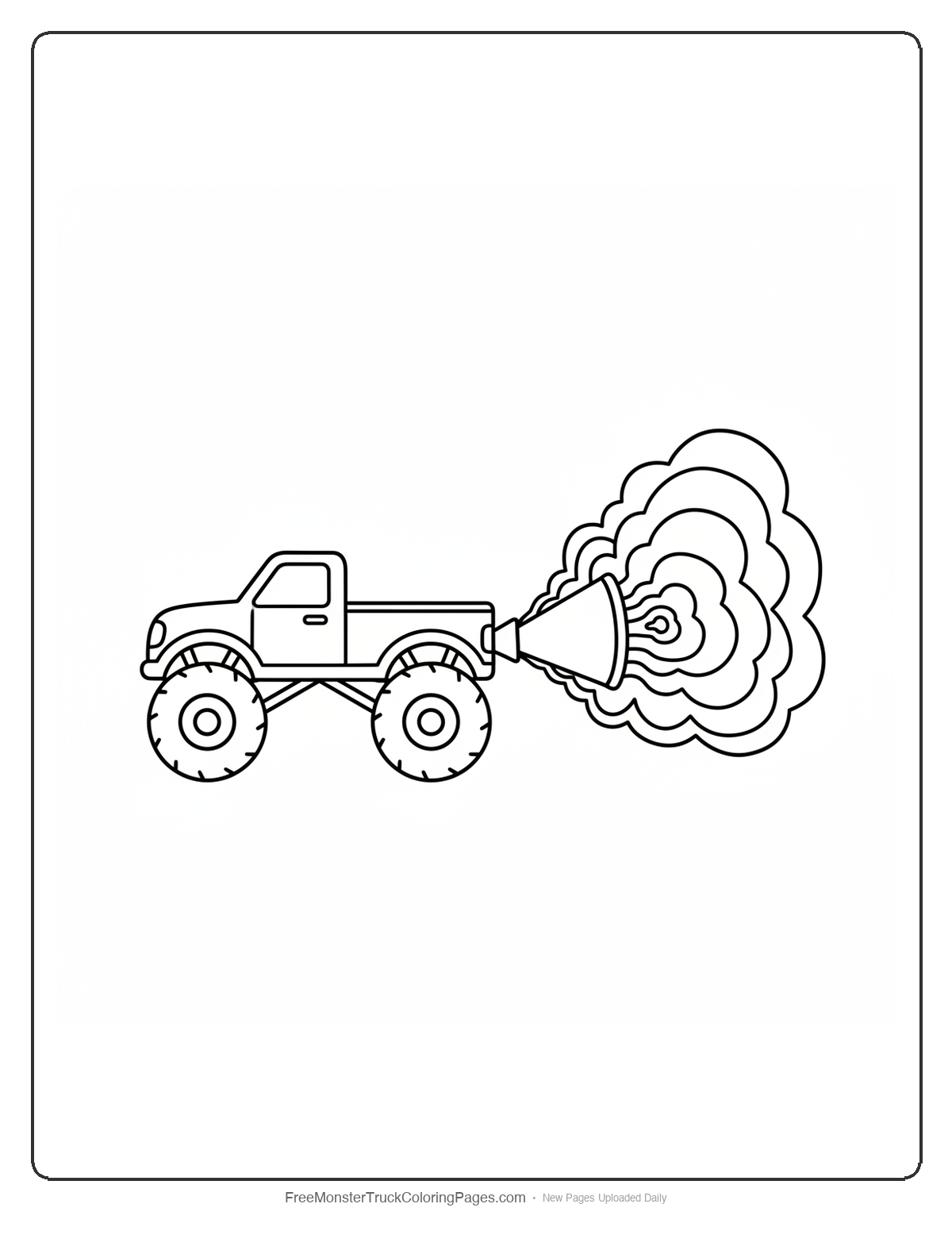 Black and white coloring page of a monster truck with a rear exhaust pipe shaped like an ink spray nozzle fanning out in a cloud shape