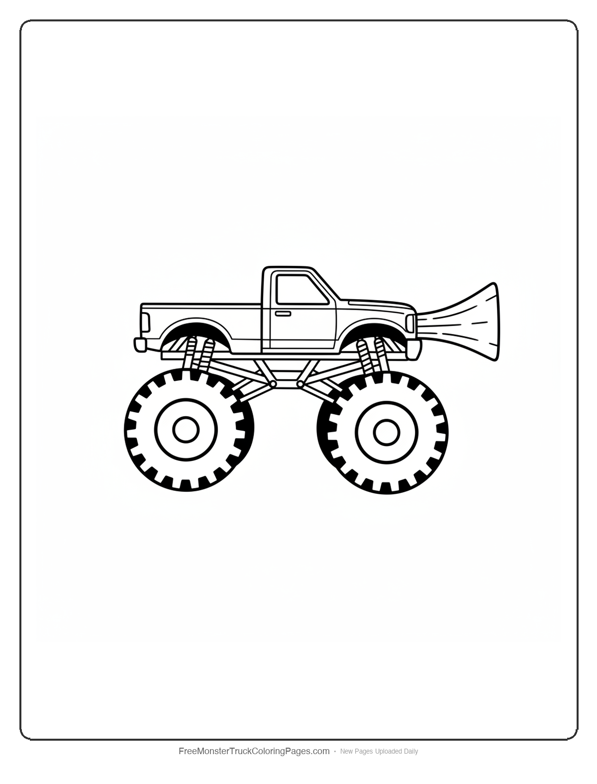 Black and white coloring page of a monster truck with a wide flat octopus ink jet siphon shaped exhaust nozzle on the rear