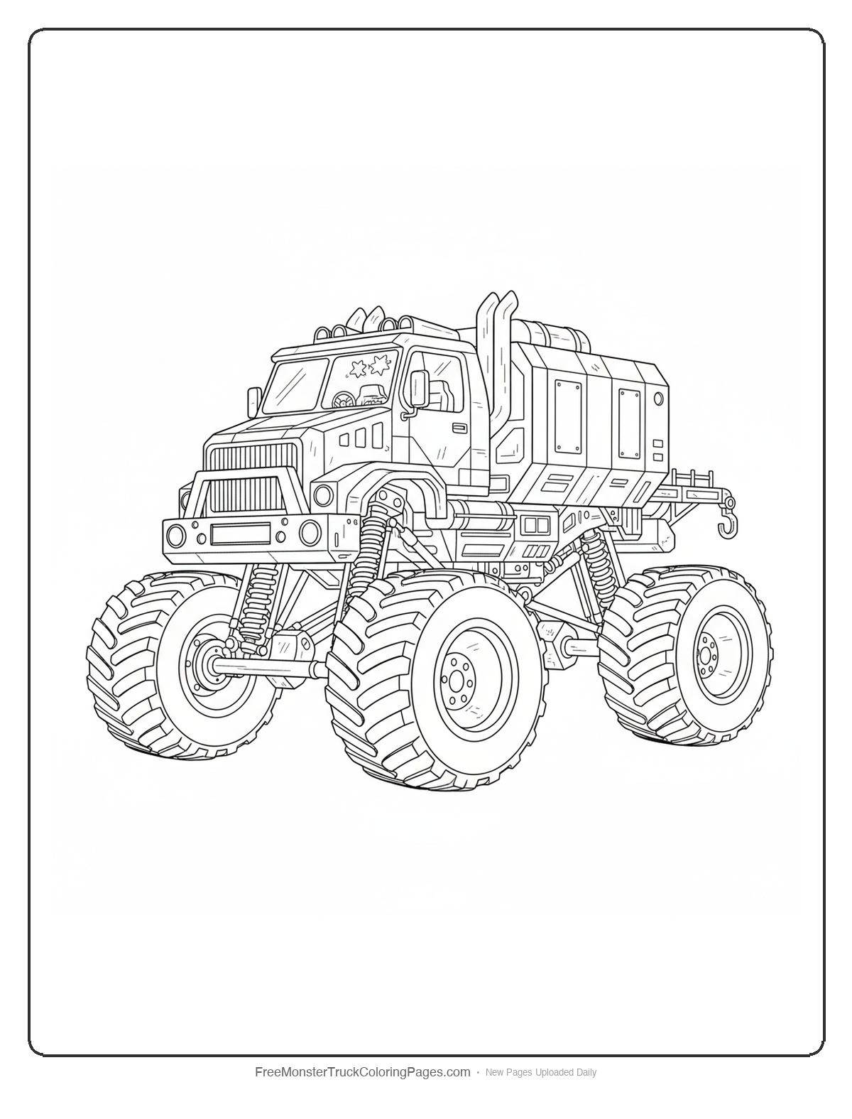 Black and white coloring page of a large monster truck designed for interstellar cargo transport with complex mechanical details