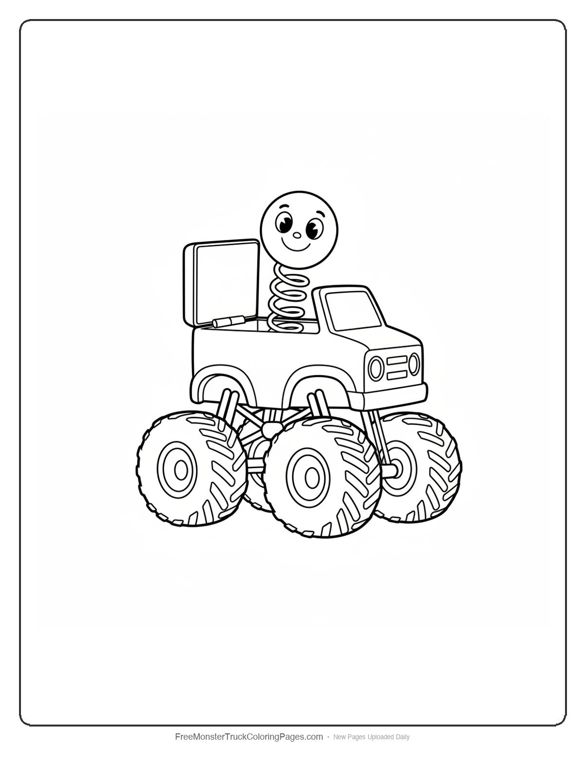 Black and white coloring page of a monster truck designed like a jack-in-the-box toy with spring mechanism and box details
